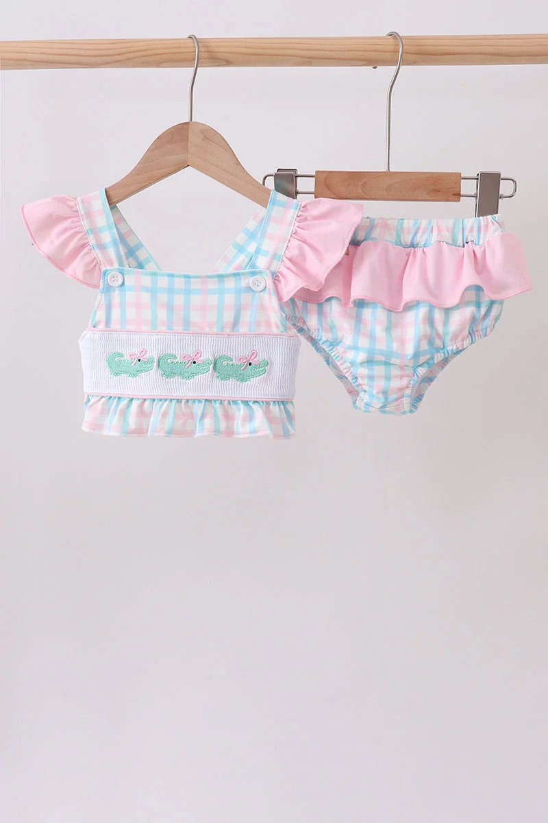 Certified Pink Crocodile Smocked Gingham 2PC Swimsuit Contemporary