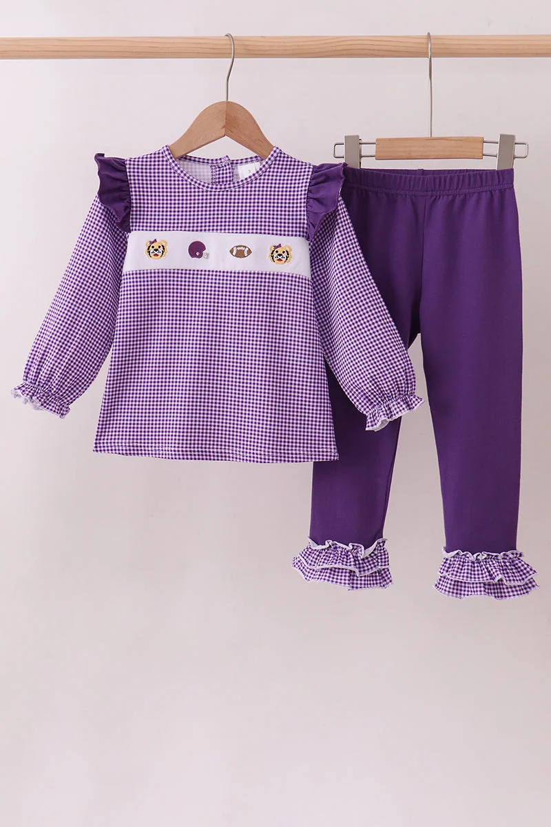 Crafted Premium Purple LSU Tiger Football Embroidery Gingham Ruffle Pants Set Official