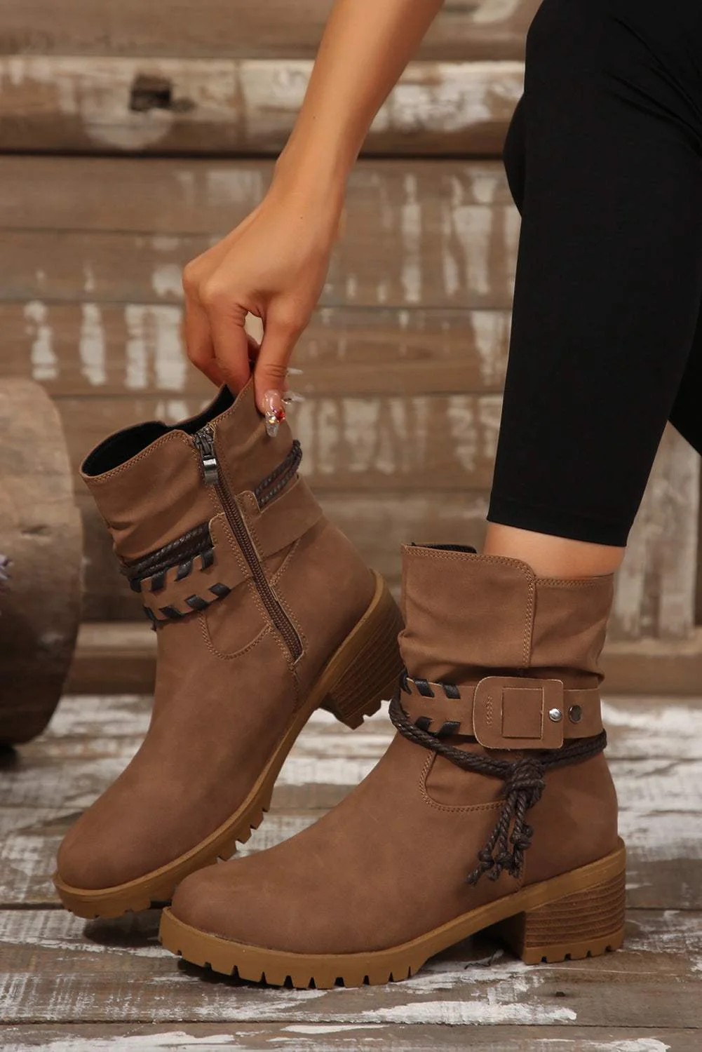 Natural Threaded Pear Mila Strap Side Zip Boots Stylish