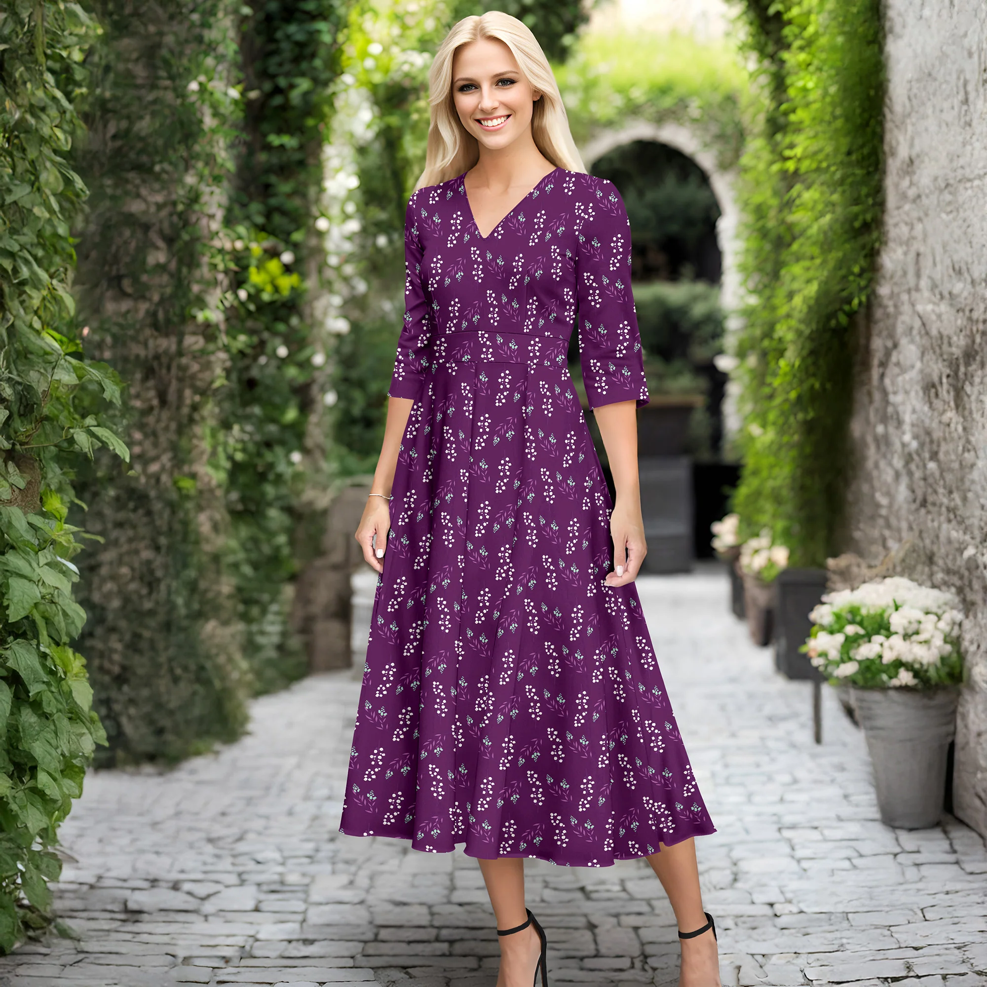 Top-Quality V Neck Three Quarter Sleeve Fit and Flare Midi Dress by Bon Apple Tea Luxury
