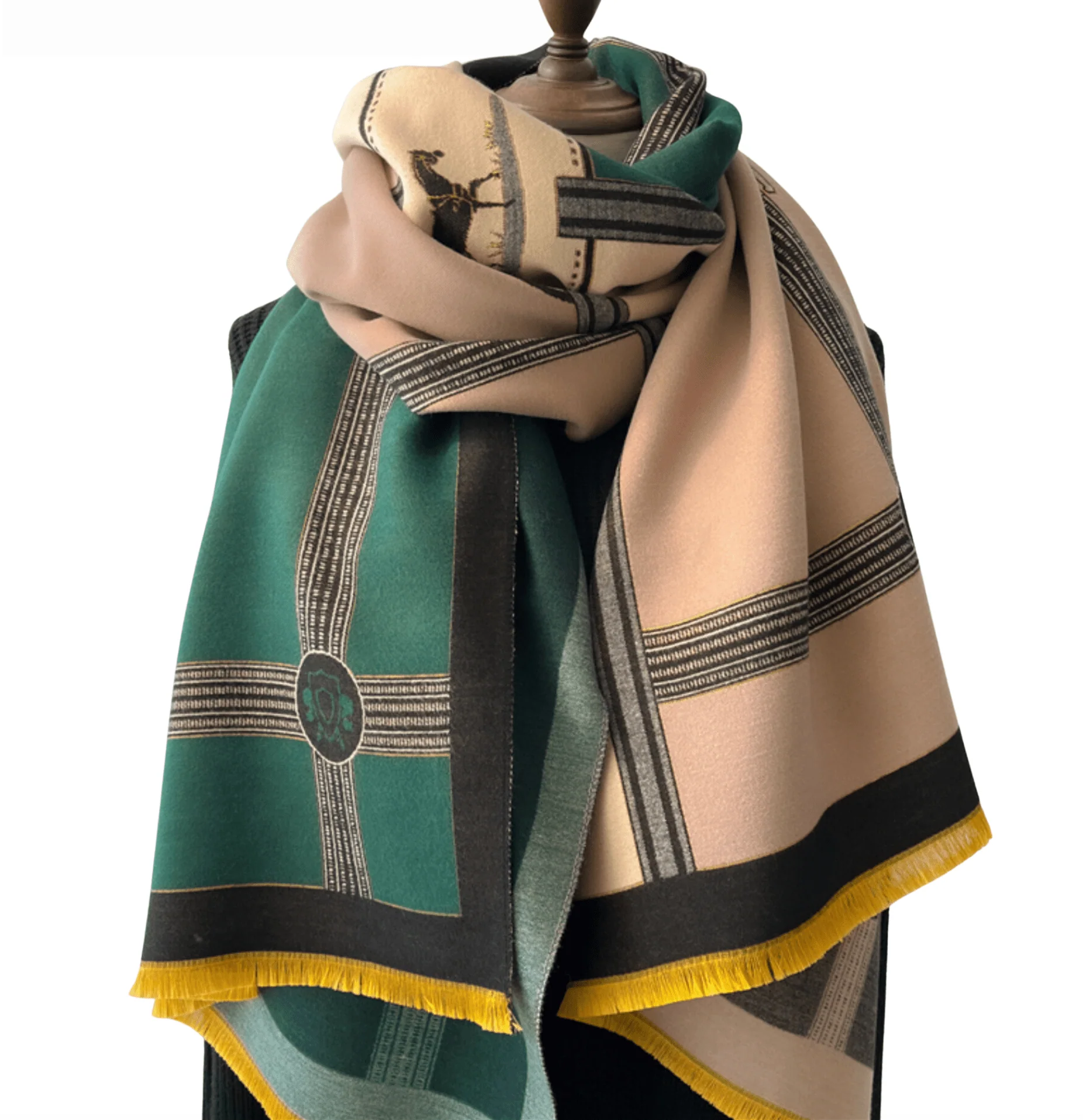 Comfortable Striped Horse Fringe-Trimmed Scarf in Emerald Fine Crafted