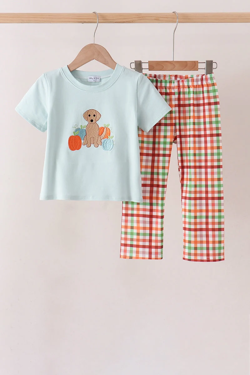 Certified Blue Puppy Pumpkin Embroidery Gingham Pants Set Minimalist