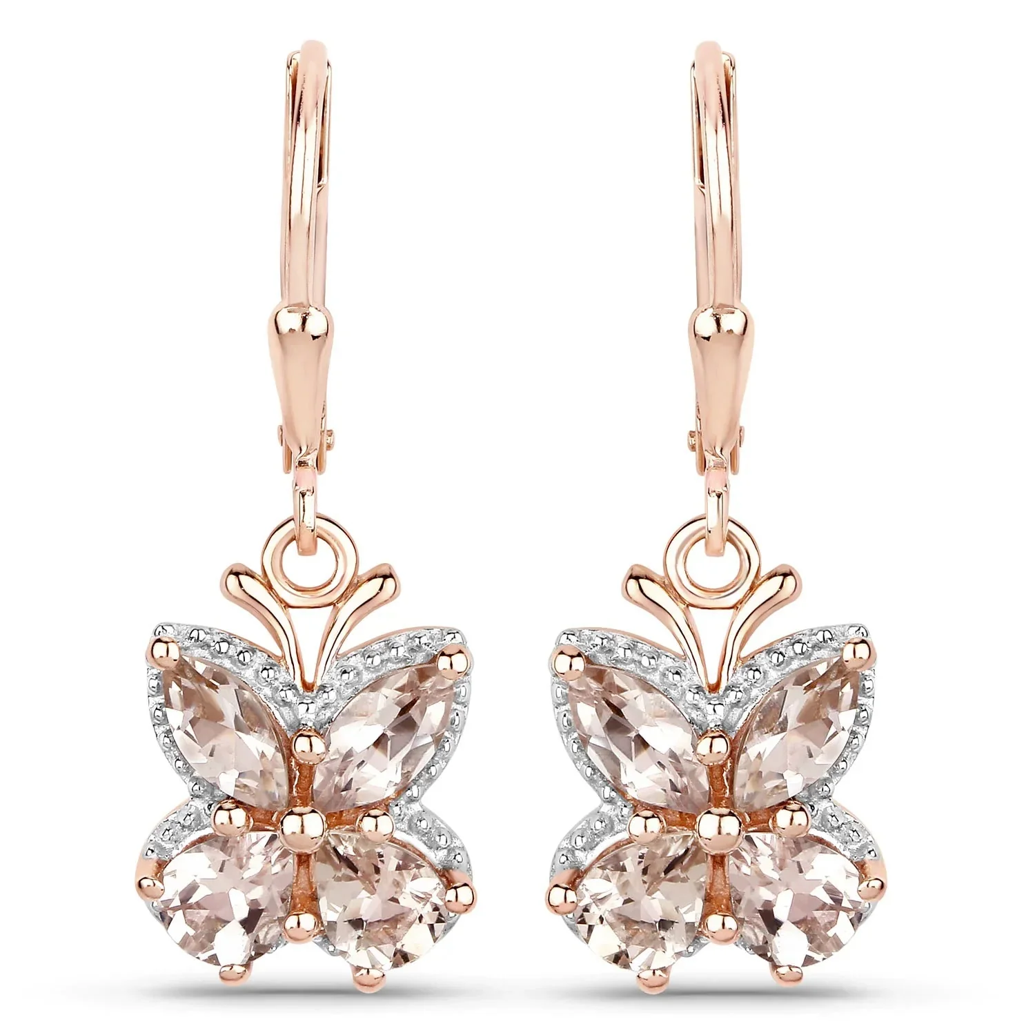 Advanced 1.88 Ct Peach Morganite Prong 18K Rose Gold Plated Silver Dangle Earrings Flexible