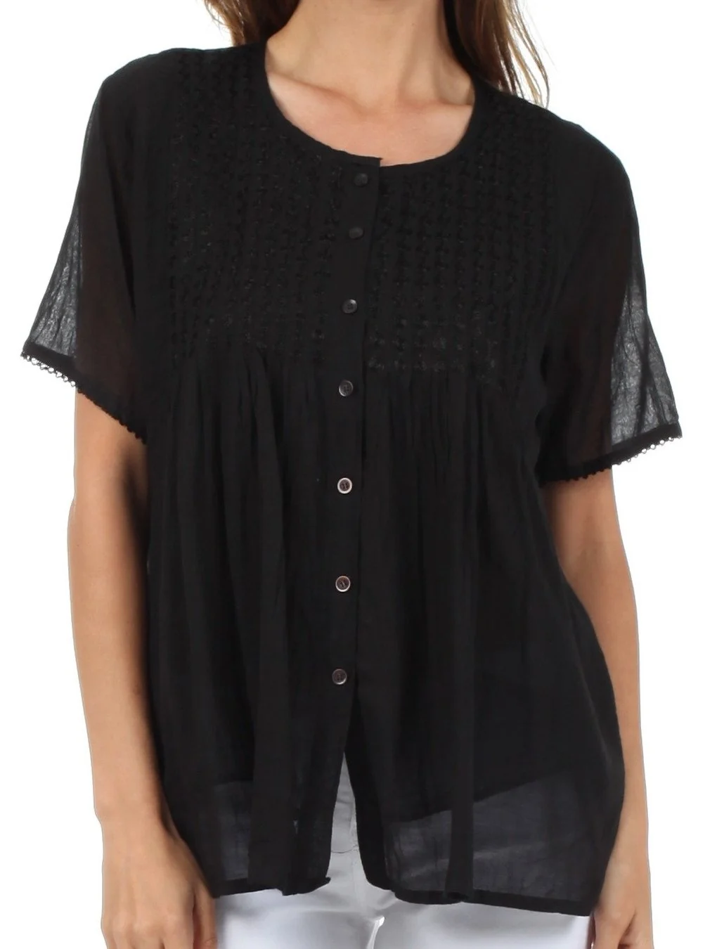 Environmentally Friendly Sakkas Button Down Embroidered Short Sleeve Semi-Sheer Gauzy Cotton Top Blouse Traditional