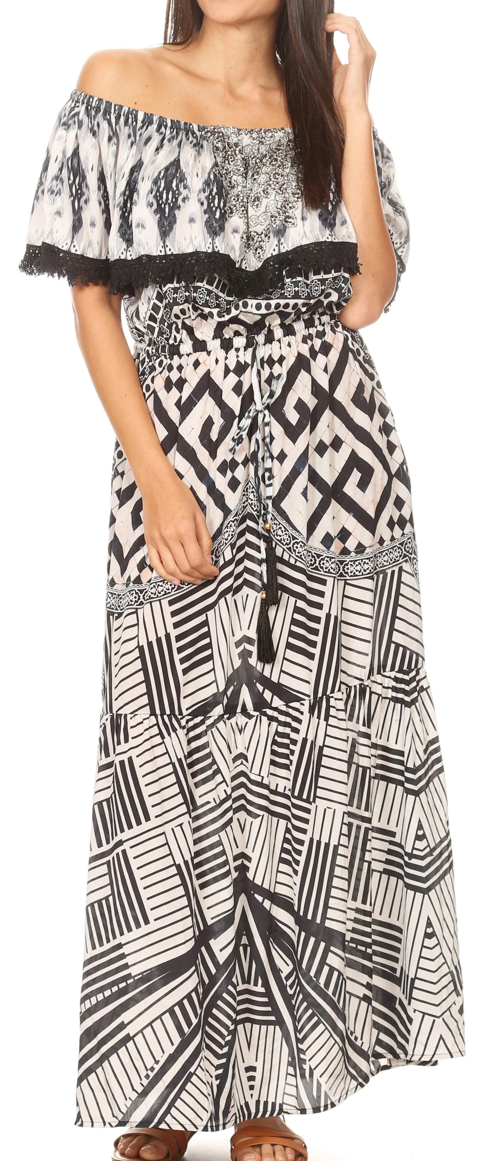 Breathable Sakkas Tara Women's Long Maxi Boho Off Shoulder Summer Casual Dress Floral Print Recyclable