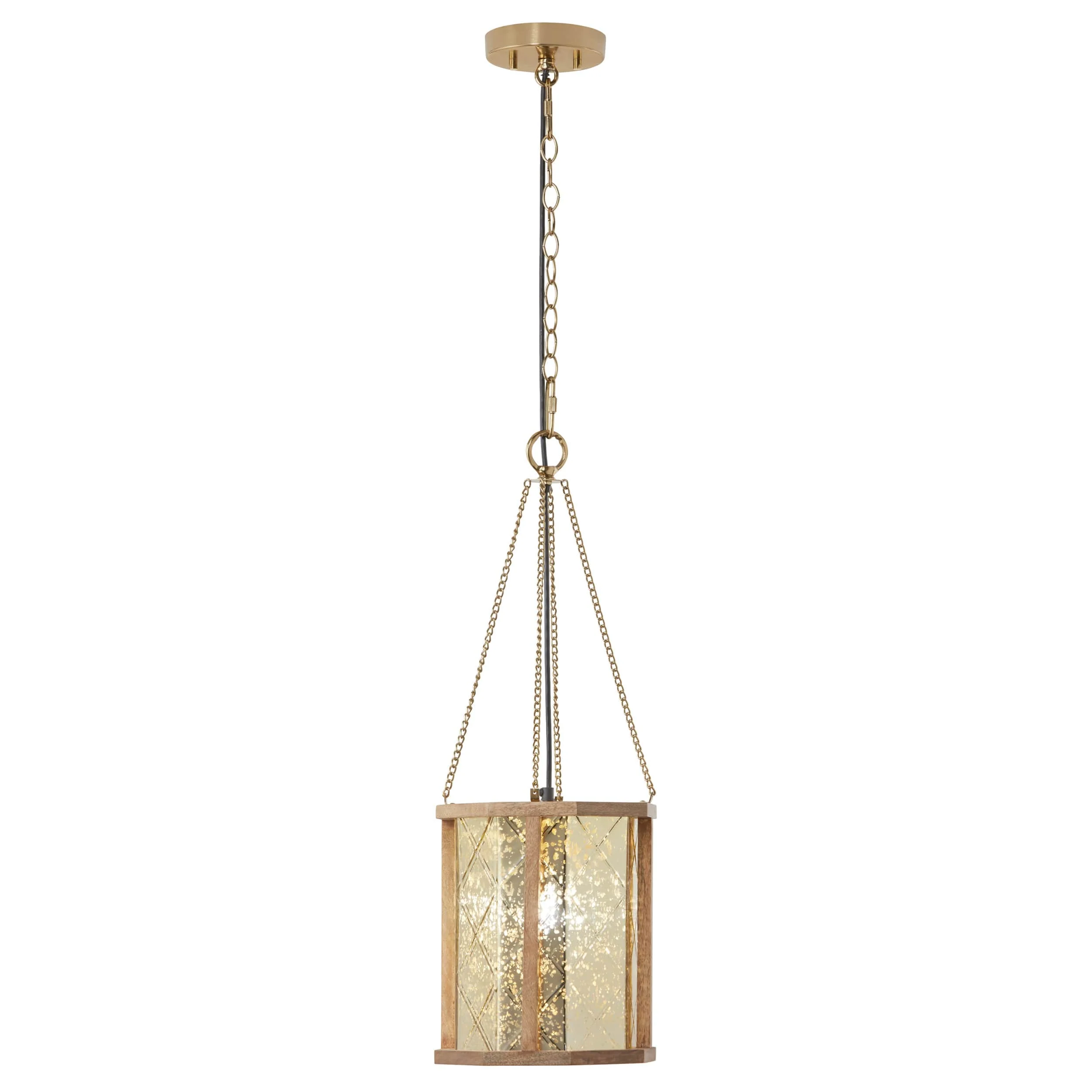 Contemporary River of Goods Gold-Colored Metal Pendant Lamp with Painted Mercury Gold Glass Shade with Wood Frame Solid