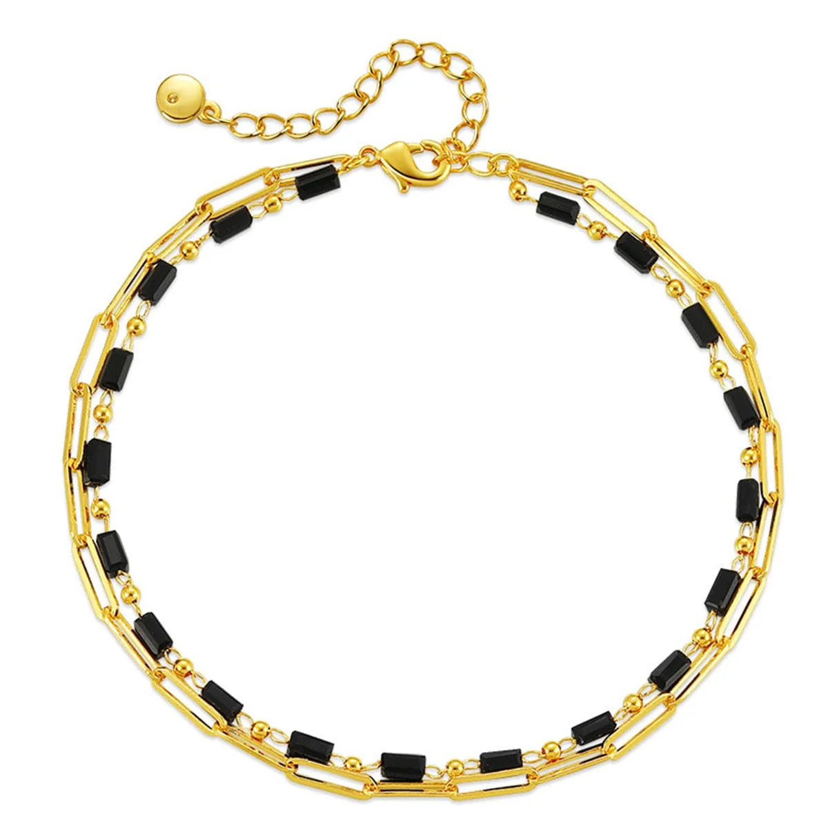 Artisan Black Acrylic Goldtone Bead Chain Layered Anklet Secure