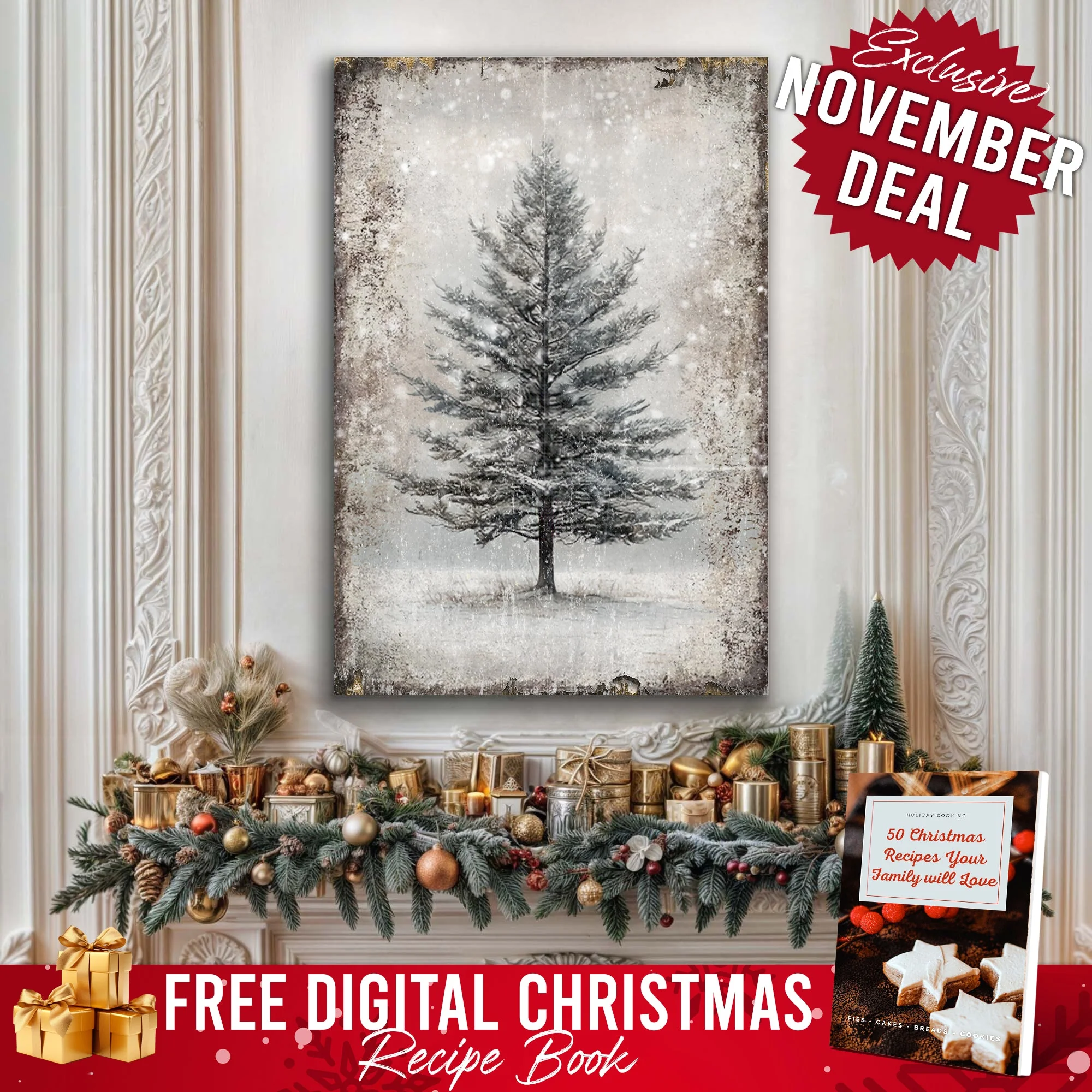 Stylish Vintage Christmas Tree Wall Art with Christmas Recipe Book Proven