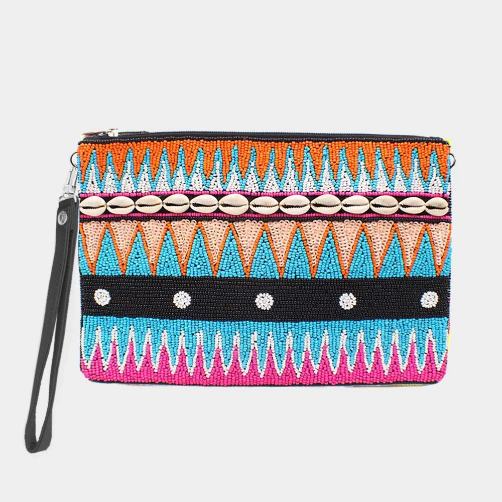Trusted Puka Shell Point Sequin Seed Beaded Wristlet Clutch Bag Versatile