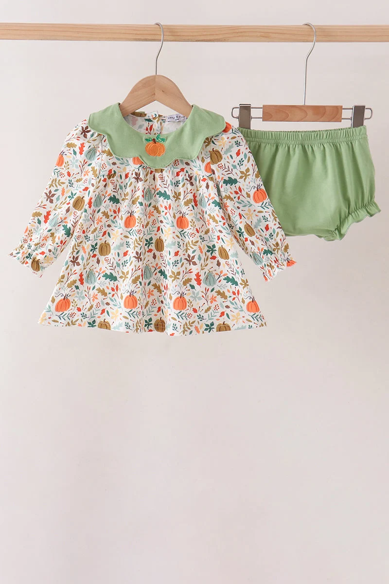 Solid Fall Pumpkin Embroidery Leaves Bloomer Set Green