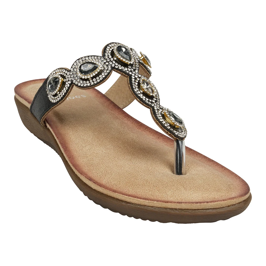 Stylish Zara Black Jeweled T-Strap Thong Flat Sandals Detailed