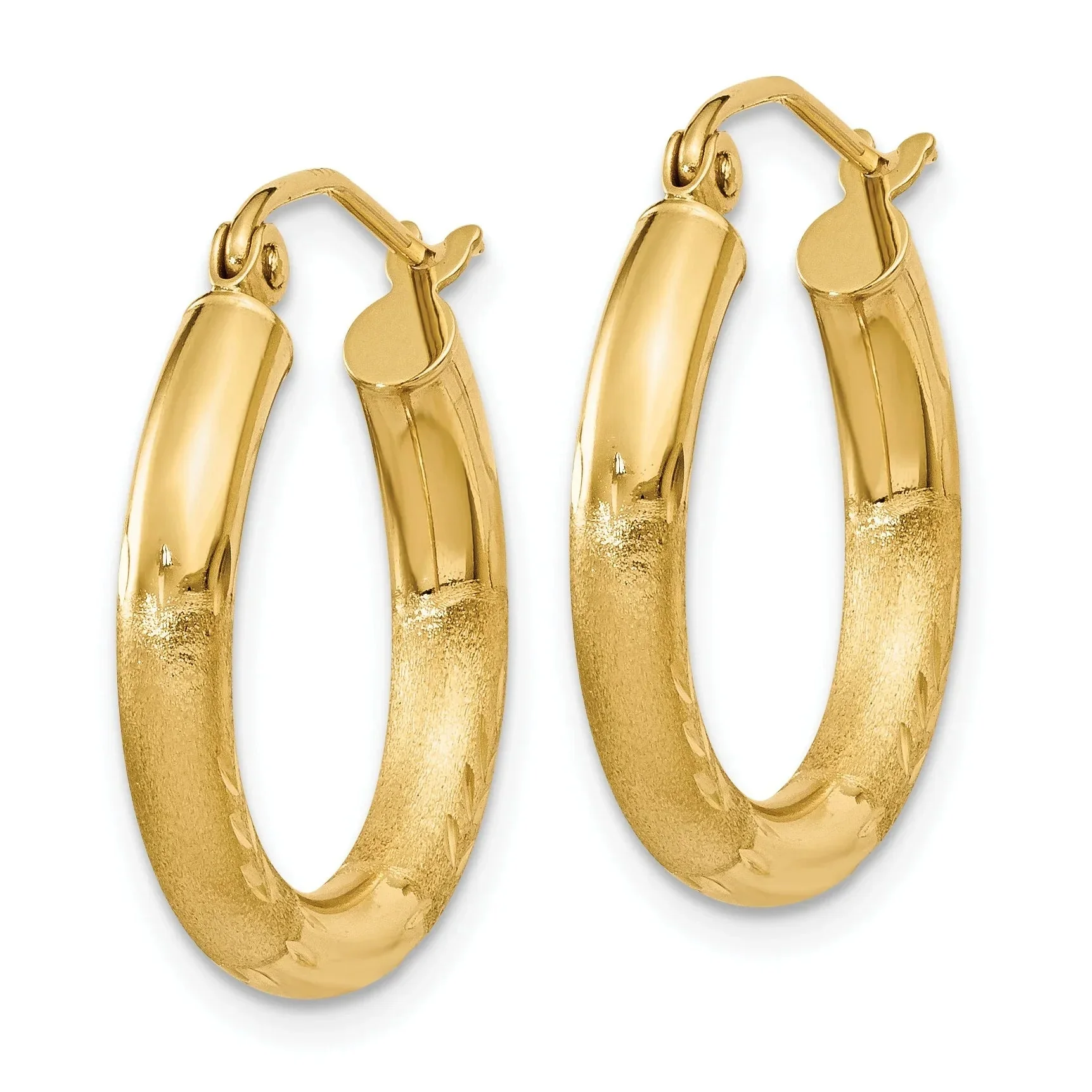 Advanced 14k Gold Satin and Diamond-cut Round Hoop Earrings High-Grade