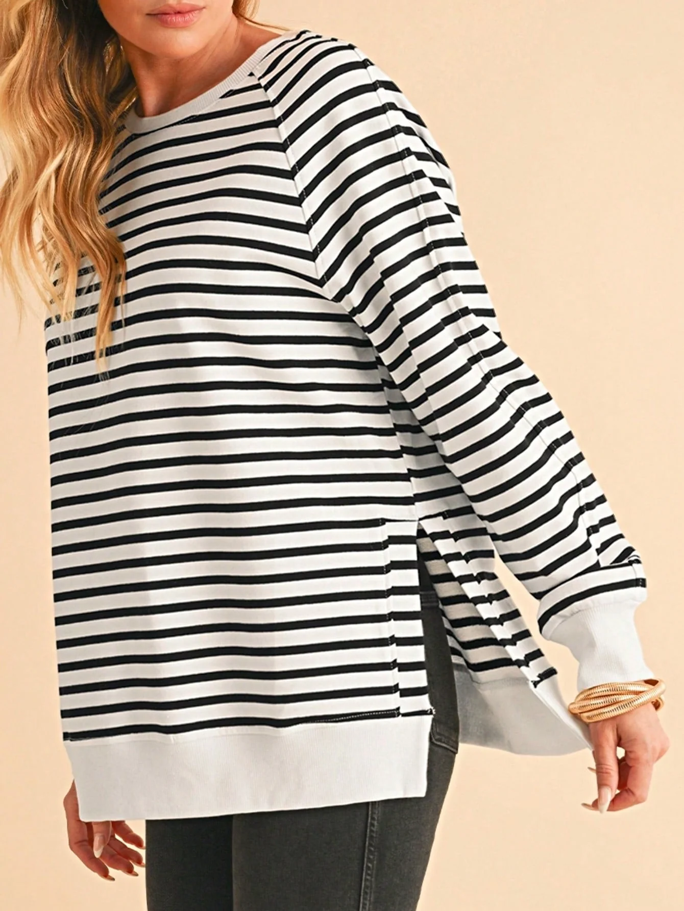 Minimalist Boho Retro 90's Cotton Mix Drop Shoulder Stripe Raglan Oversized Side Slit Dolman Shirt Top Sweatshirt Pullover Authentic