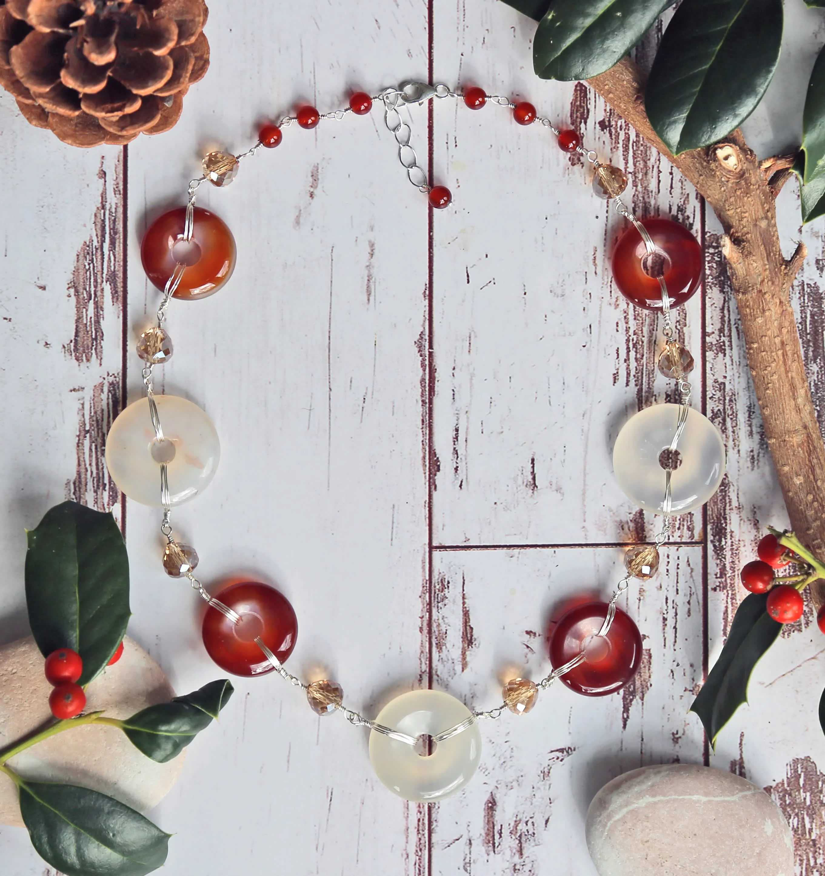 Artisan MGR Women's Carnelian Donut Life Saver Crystal Beads Hand Wire Wrapped Necklace Consistent