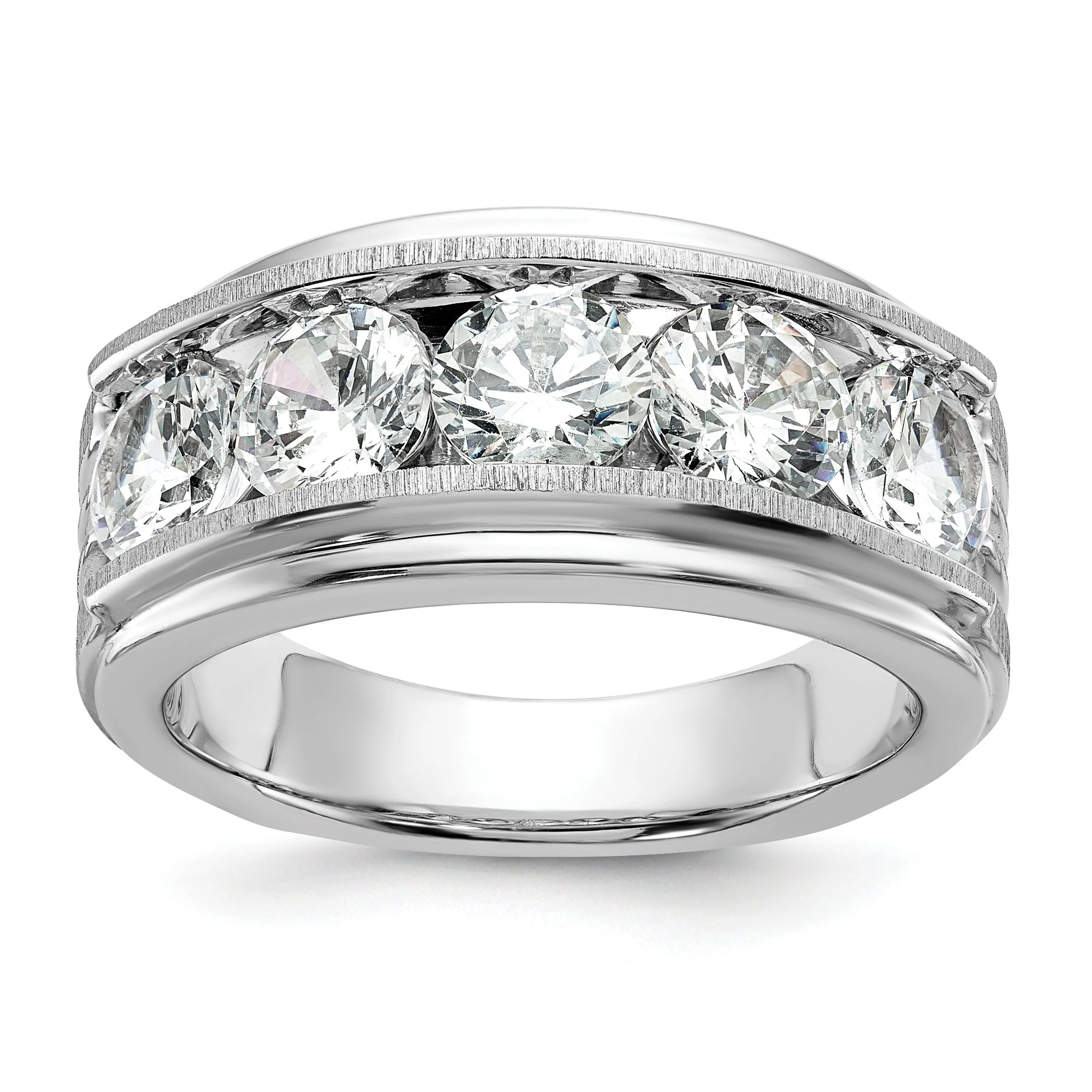 Advanced 3.5 ct Lab Grown Diamond Five Stone Brushed and Grooved Men's Ring 14k White Gold Casual