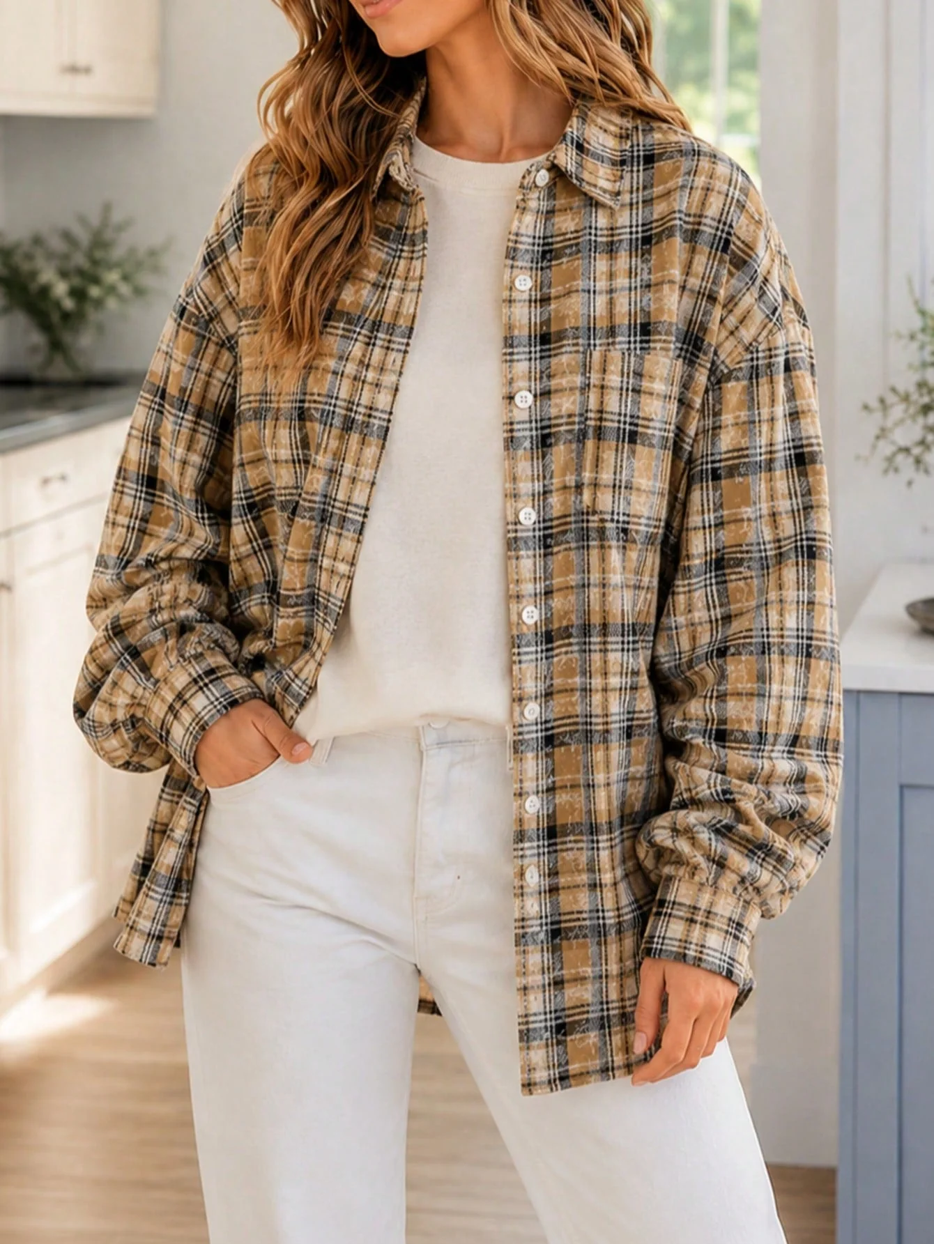 Consistent Boho Retro Cotton Mineral Wash Plaid Corduroy Button Patchwork Pocket Loose Oversized Shacket Cardigan Shirt Breathable