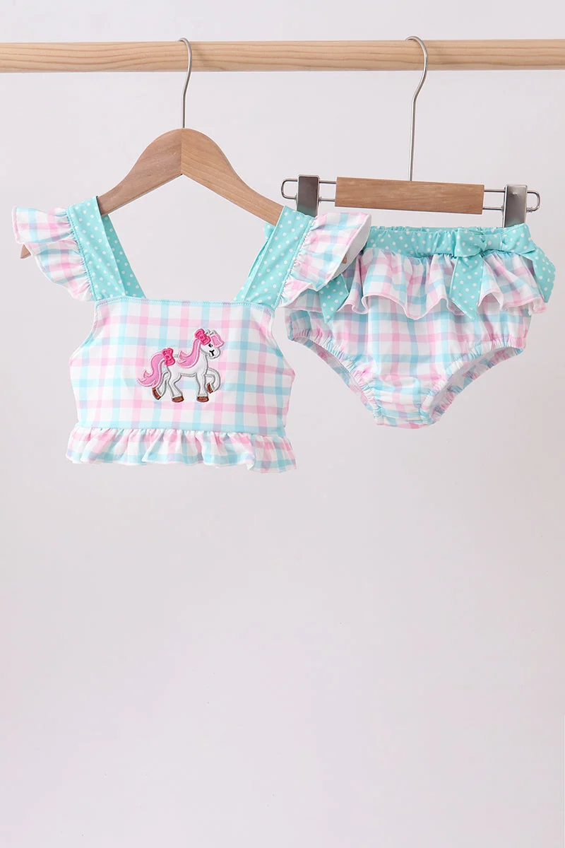 Breathable Green plaid horse applique 2pc swimsuit Easy-to-Use