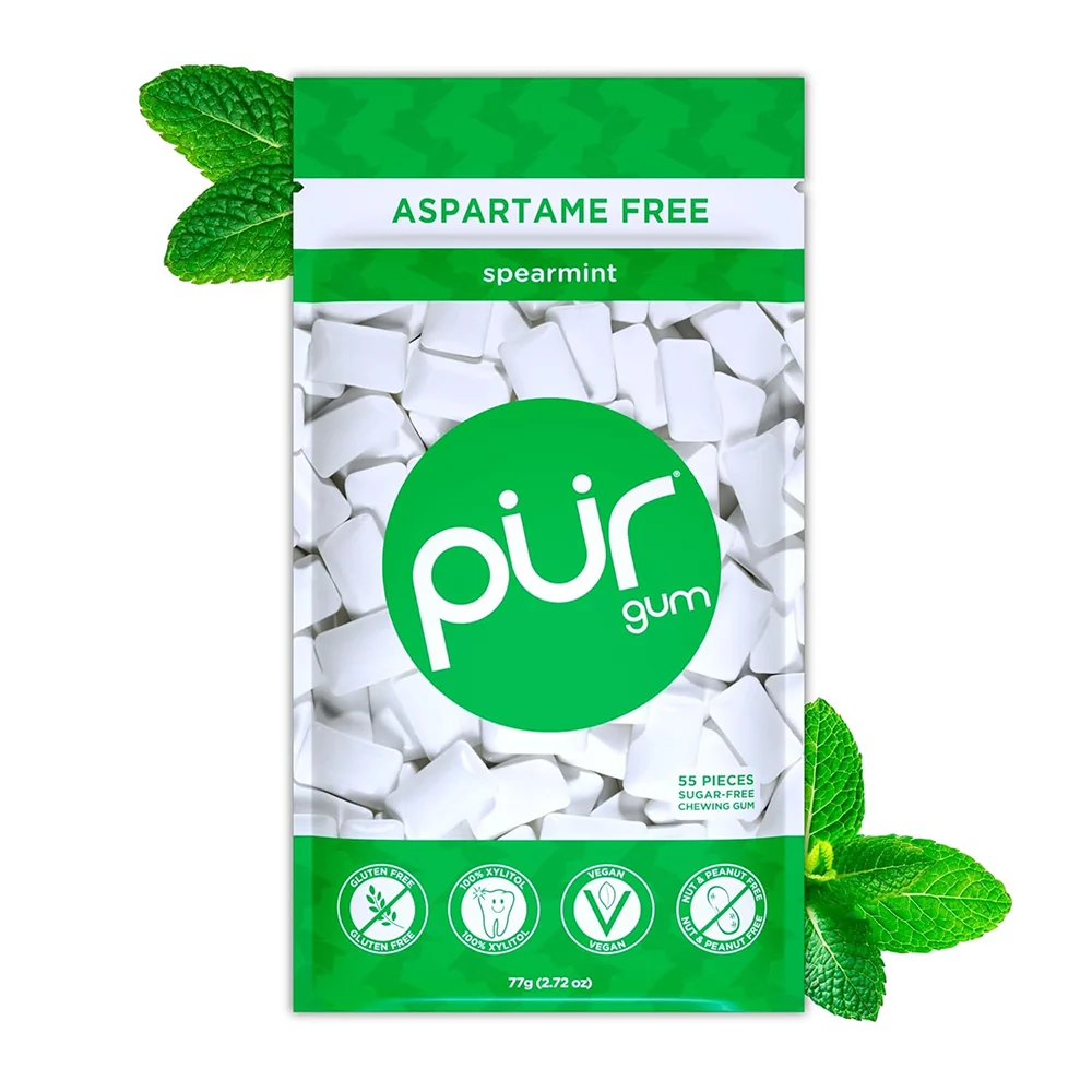 World-Class PUR Gum Natural Spearmint Chewing Gum Bag Fresh Flavor 2.72Oz 77g Minimalist