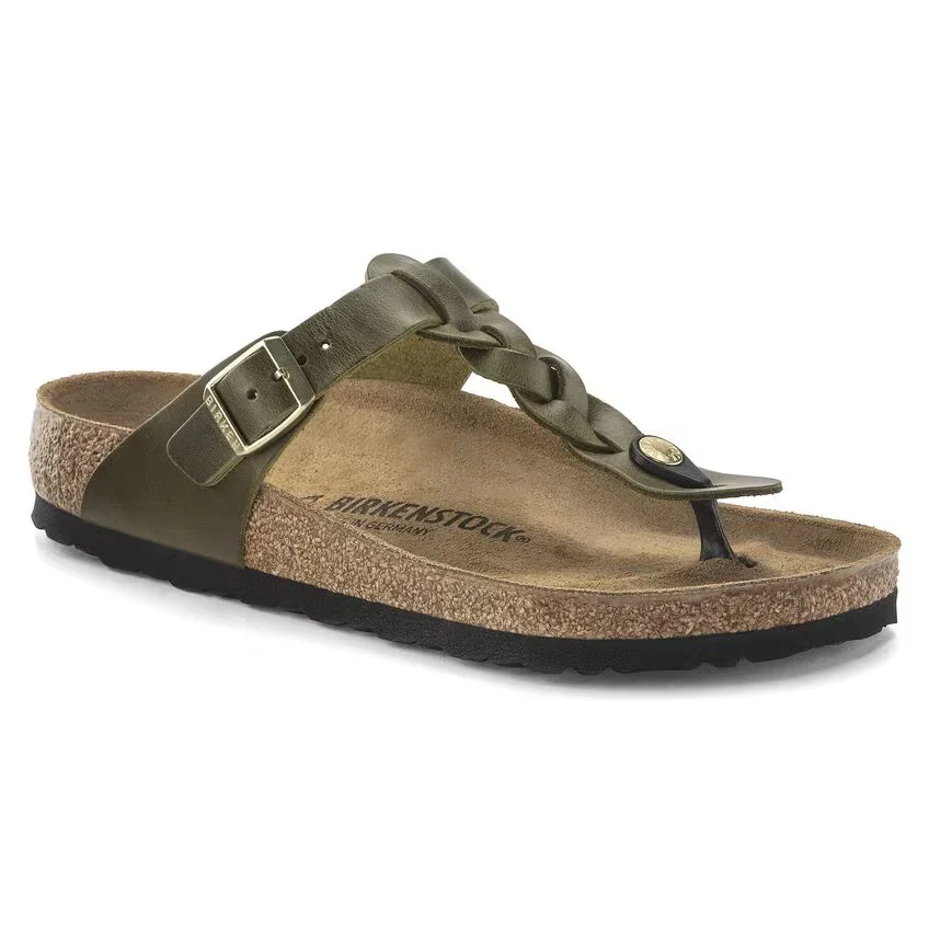 Functional Birkenstock Gizeh Braided Oiled Leather Olive Green Organic