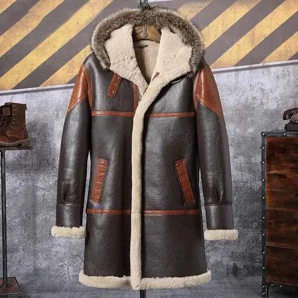 Durable Men s Hooded Bomber Shearling Leather Jacket Trench Coat Flexible