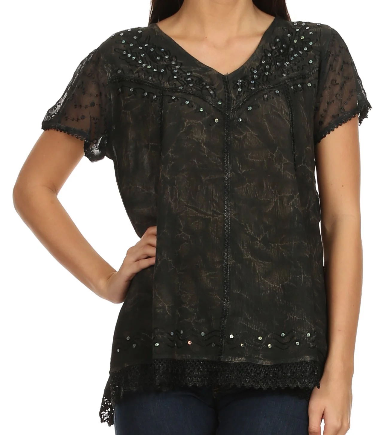 Clean Sakkas Hope Embroidery And Seqiun Accents Summer Blouse Durable