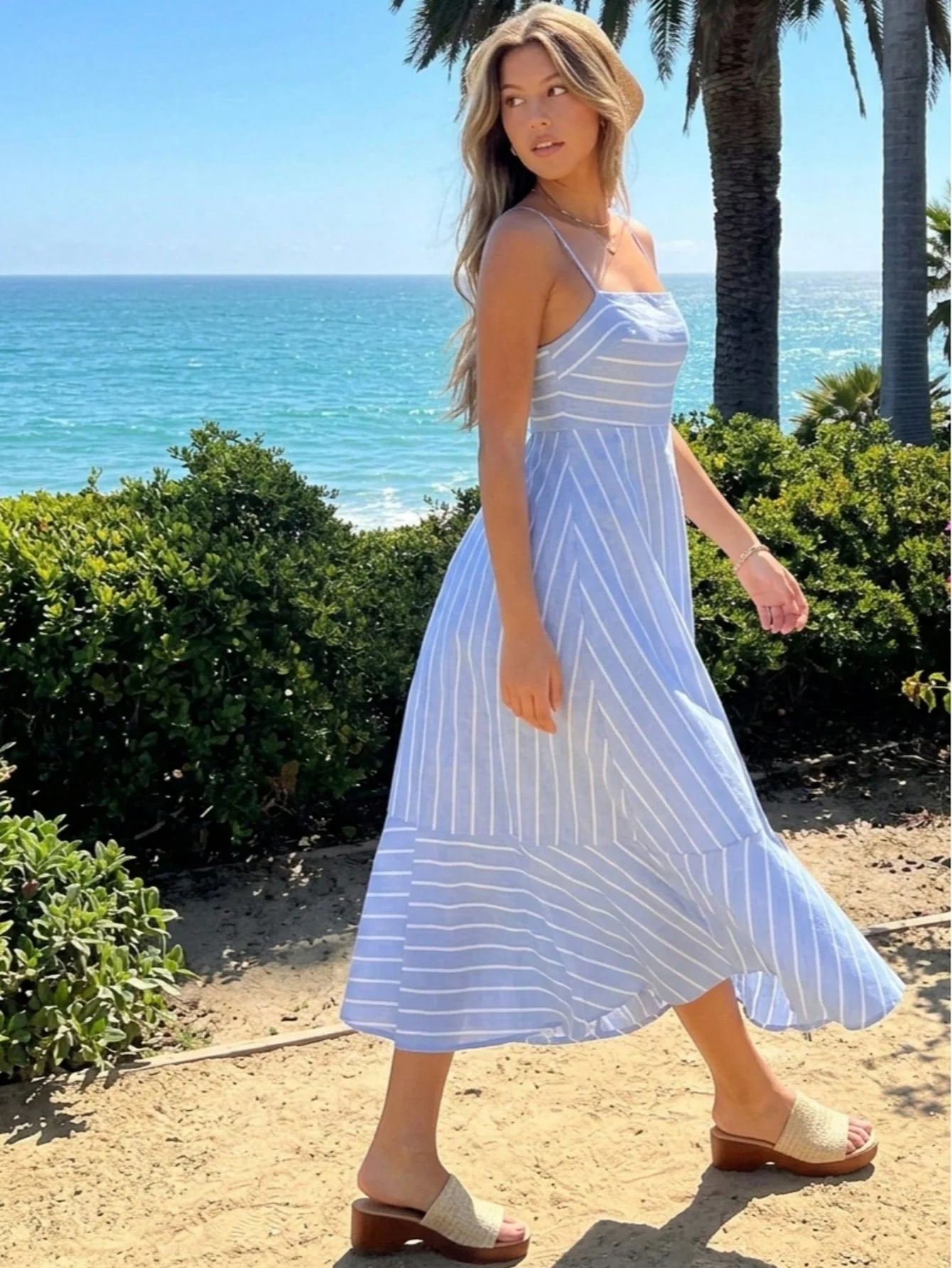 Expertly Made Cotton Stripe Nautical Tie Contrast Tea Long Length Smocked Back Dress Crafted
