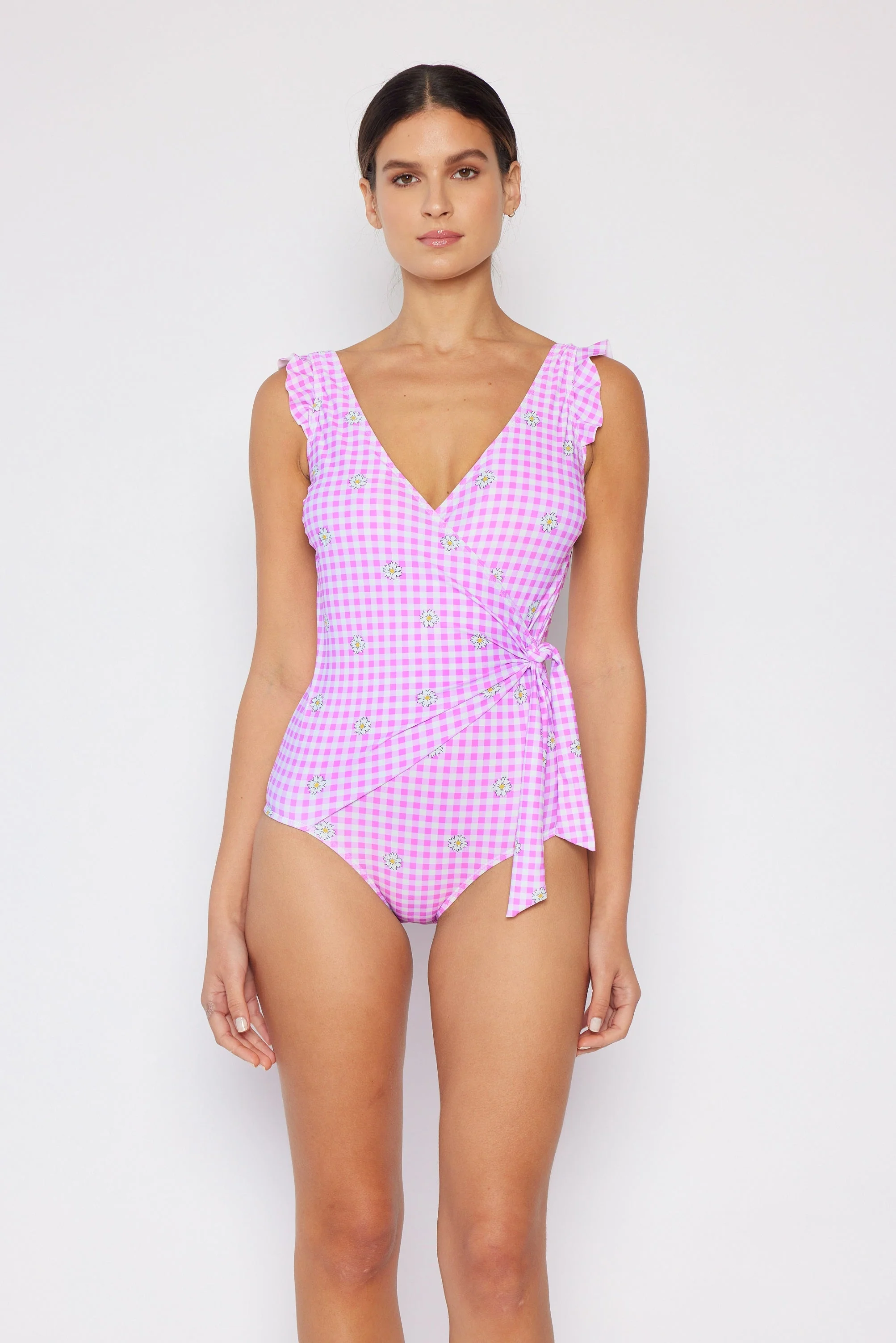 Official Marina West V-Neck Shoulder Ruffle One Piece Swimsuit F1802 - Gingham Daisy Berry Original