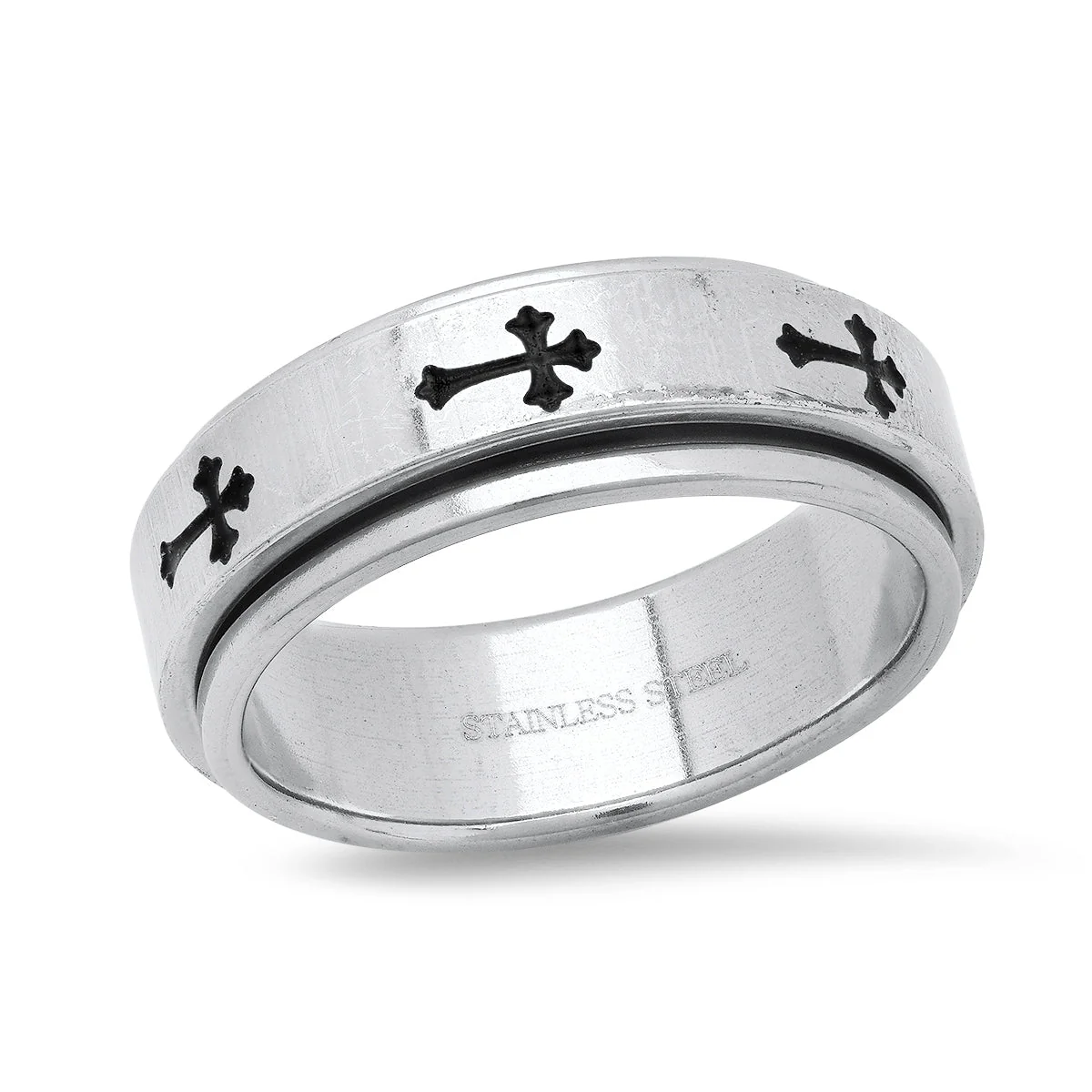 Trusted Stainless Steel Spinner Ring With Black Ip Crosses Accents First-Class