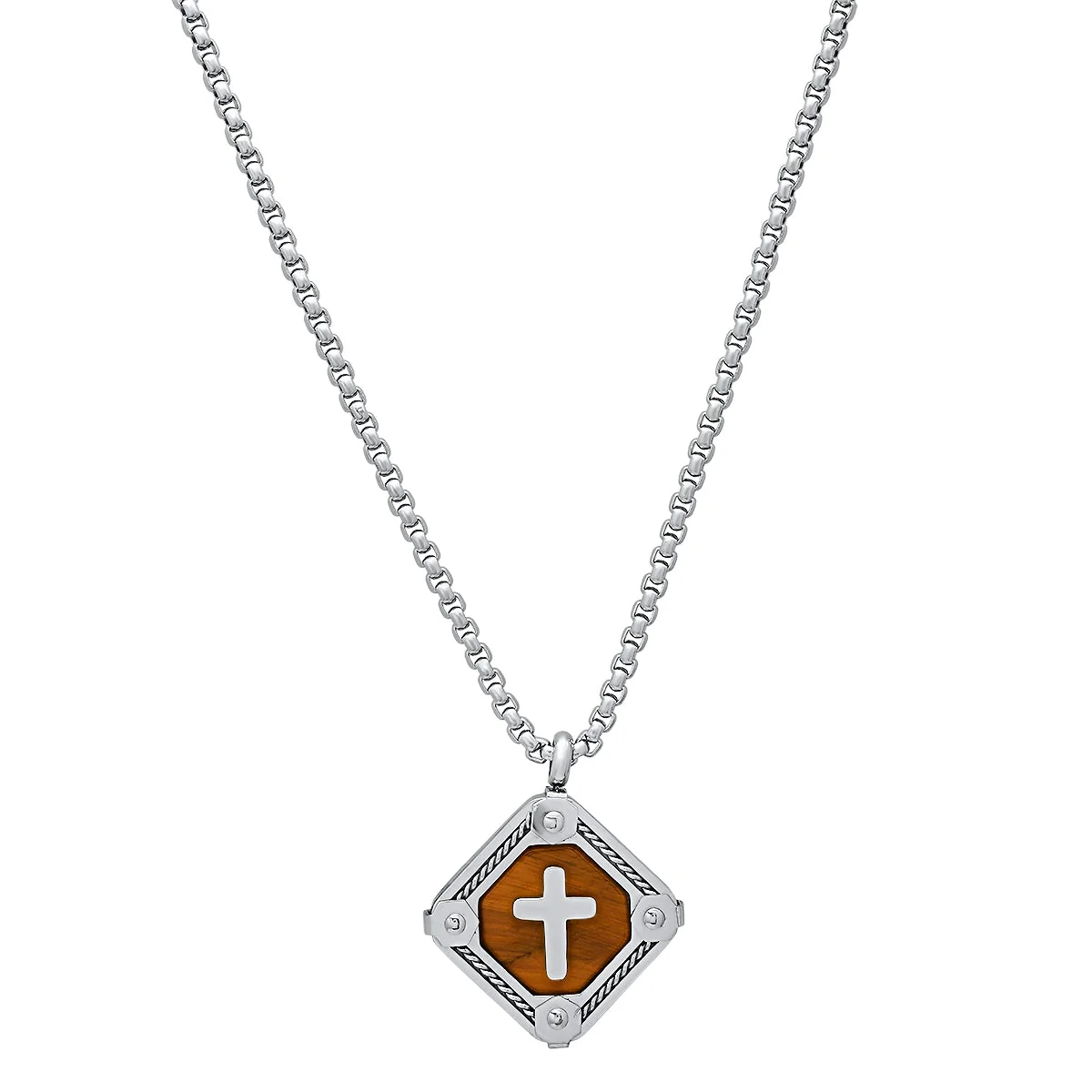 Original Stainless Steel And Tiger Eye Cross Square Dog Tag Pendant With Rope Chain Accents Quality