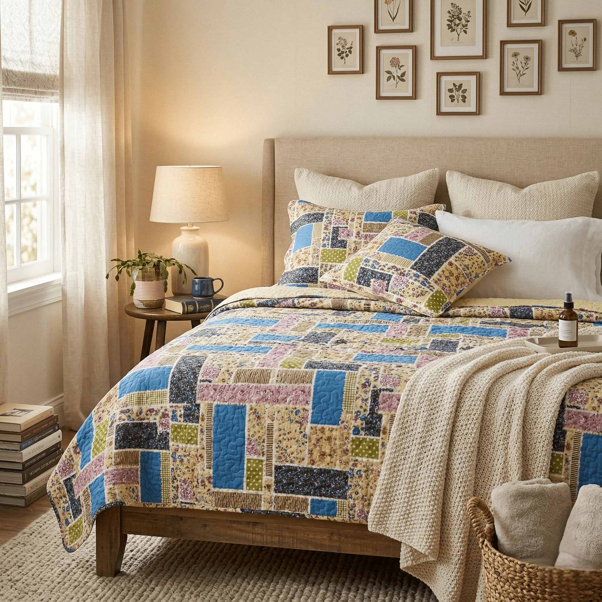 Dependable DaDa Bedding Cottage Blue Ivory Yellow Floral Scalloped Cotton Patchwork Quilted Bedspread Set DXJ103269-1 Certified