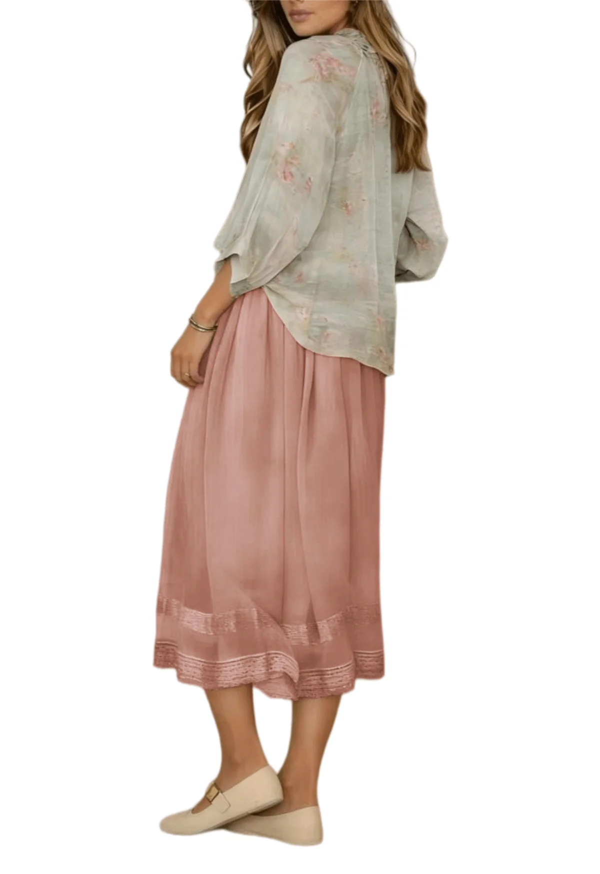Classic Chic YC Women's Elastic Waist A-line Midi Skirt Boho Lace Trim Flowy Casual Skirt Solid