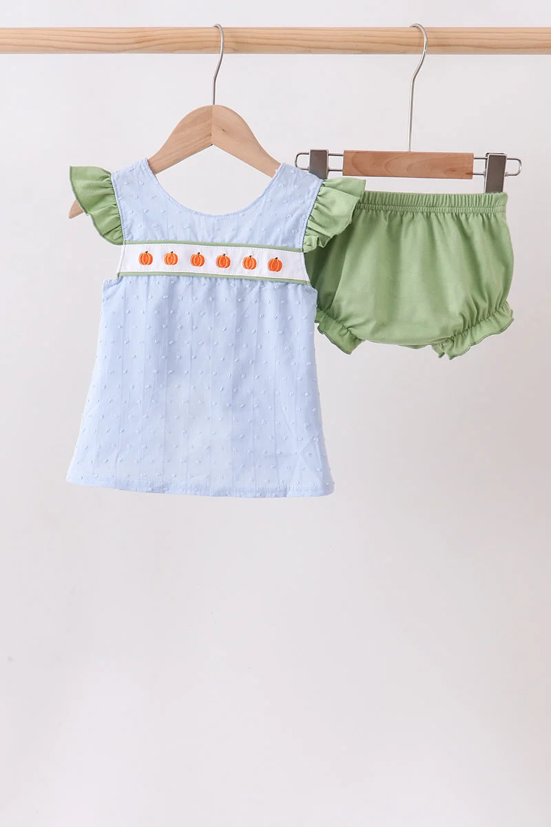 Classic Blue Pumpkin Embroidery Jacquard Ruffle Bloomer Set Enhanced