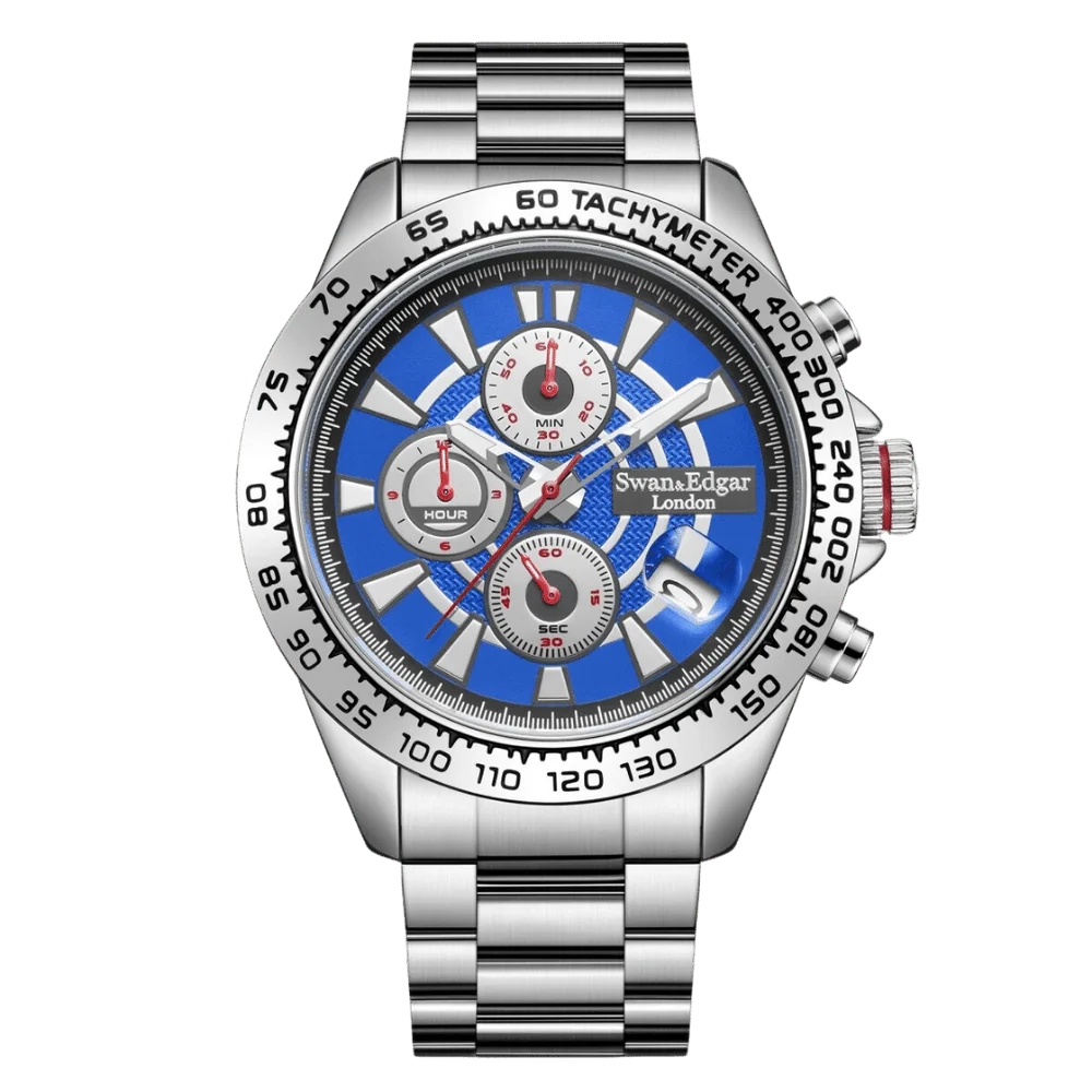 Unique Limited Edition Swan Edgar Hand Assembled Speed Target Mechanical Quartz Silver Blue Carefully Designed