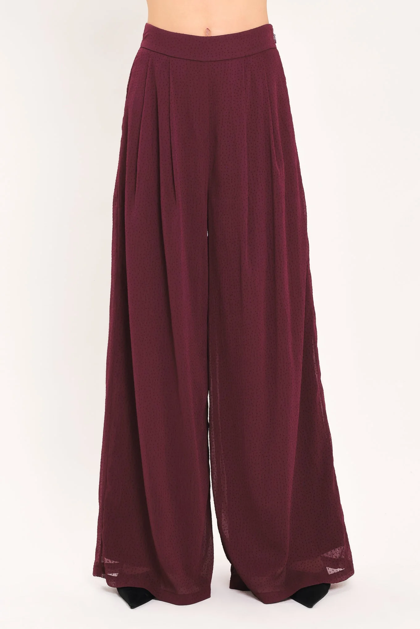 Versatile Bordeaux Sheer Drape Woven Wide Leg Pants Solid