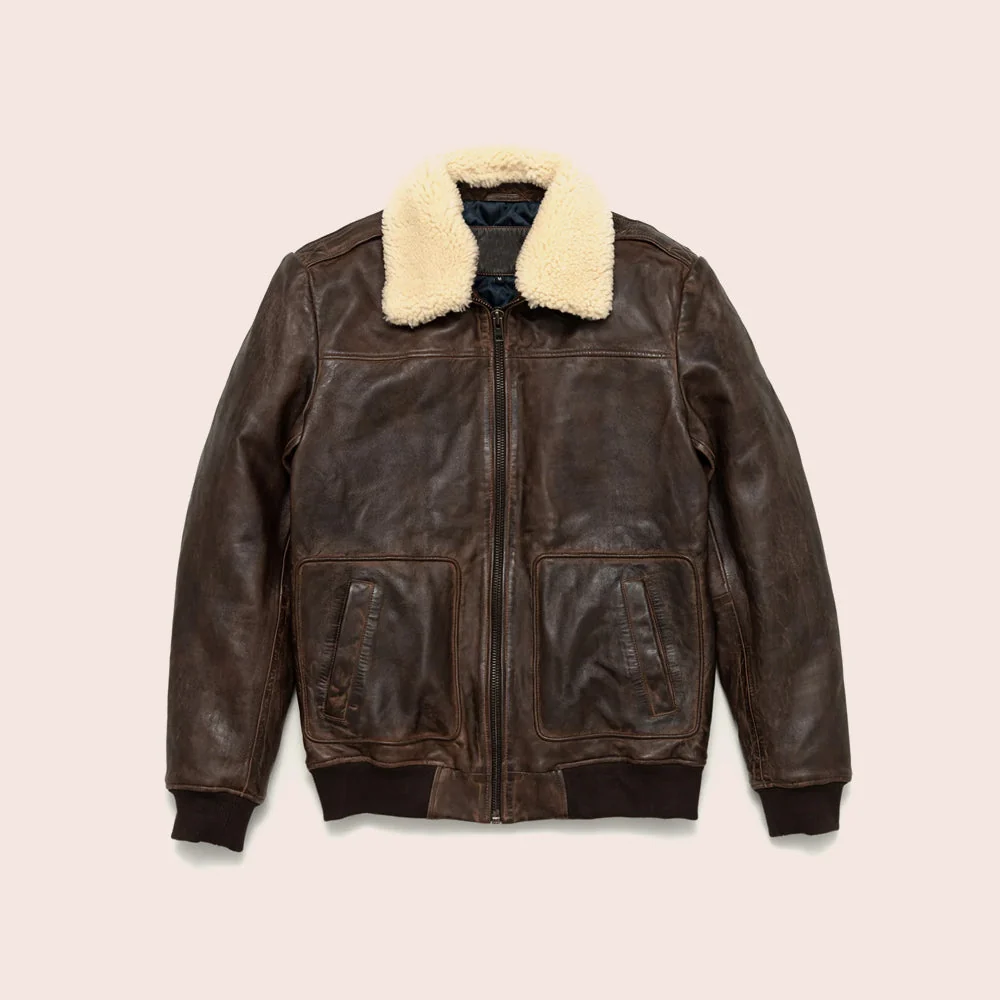 Functional Men s Vintage Lambskin A2 Brown Leather Shearling Bomber Jacket Practical