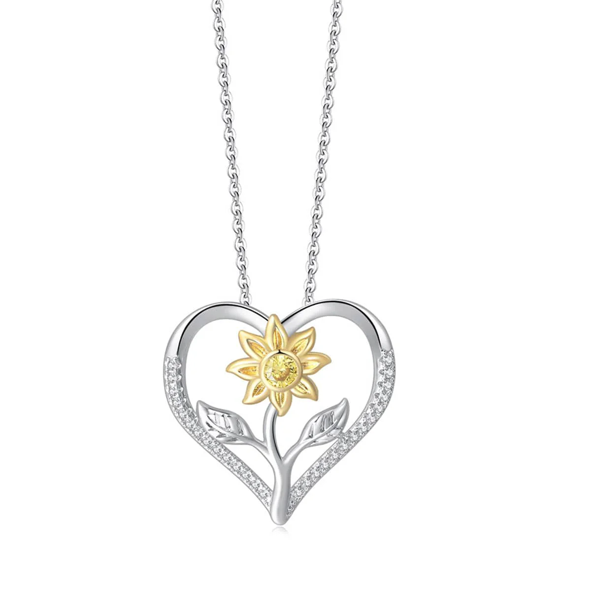 Advanced Cubic Zirconia Two-Tone Sunflower Heart Pendant Necklace High-Grade
