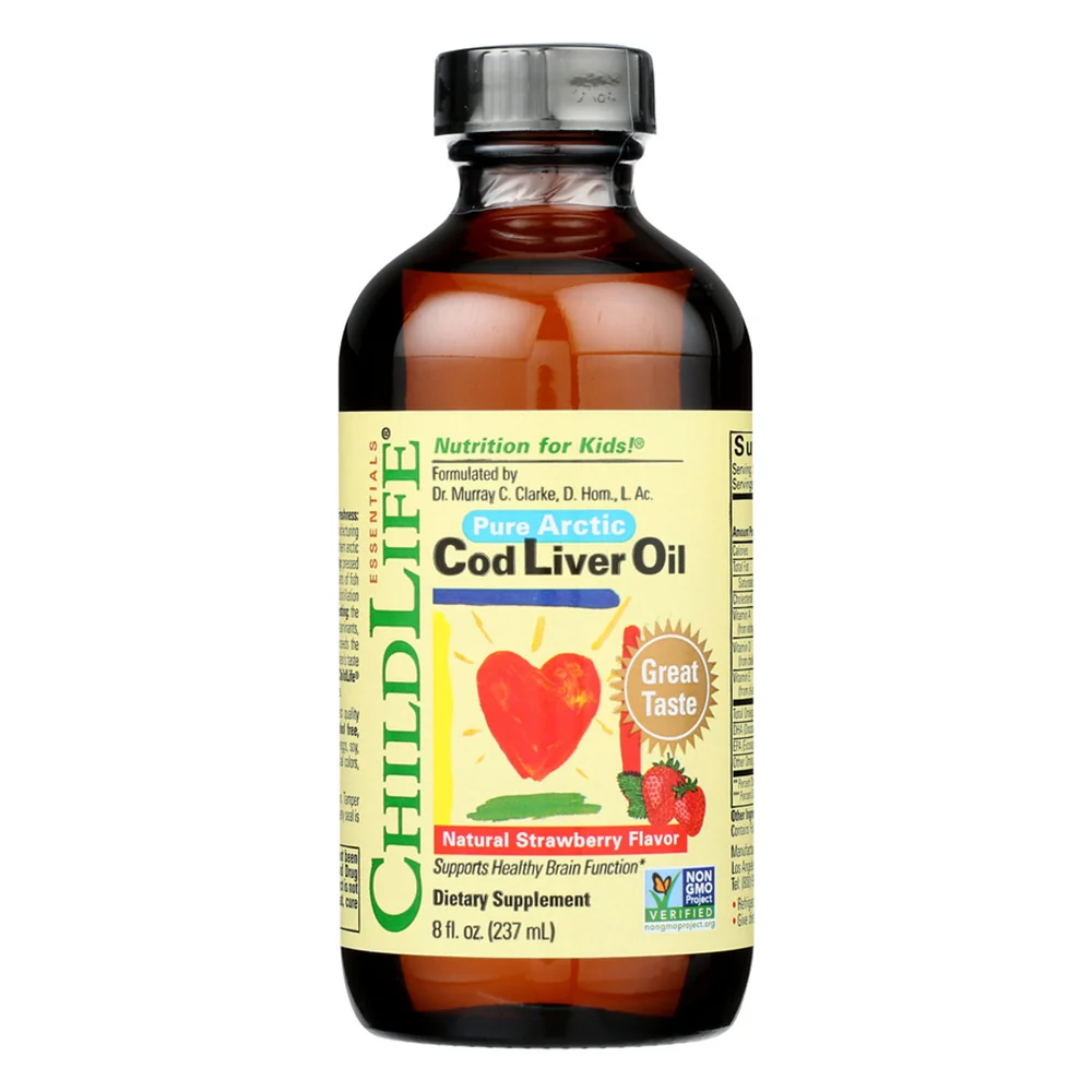 Green ChildLife Essentials Cod Liver Oil Support Healthy Brain Function Natural Strawberry Flavor 8Oz 237ml Authentic