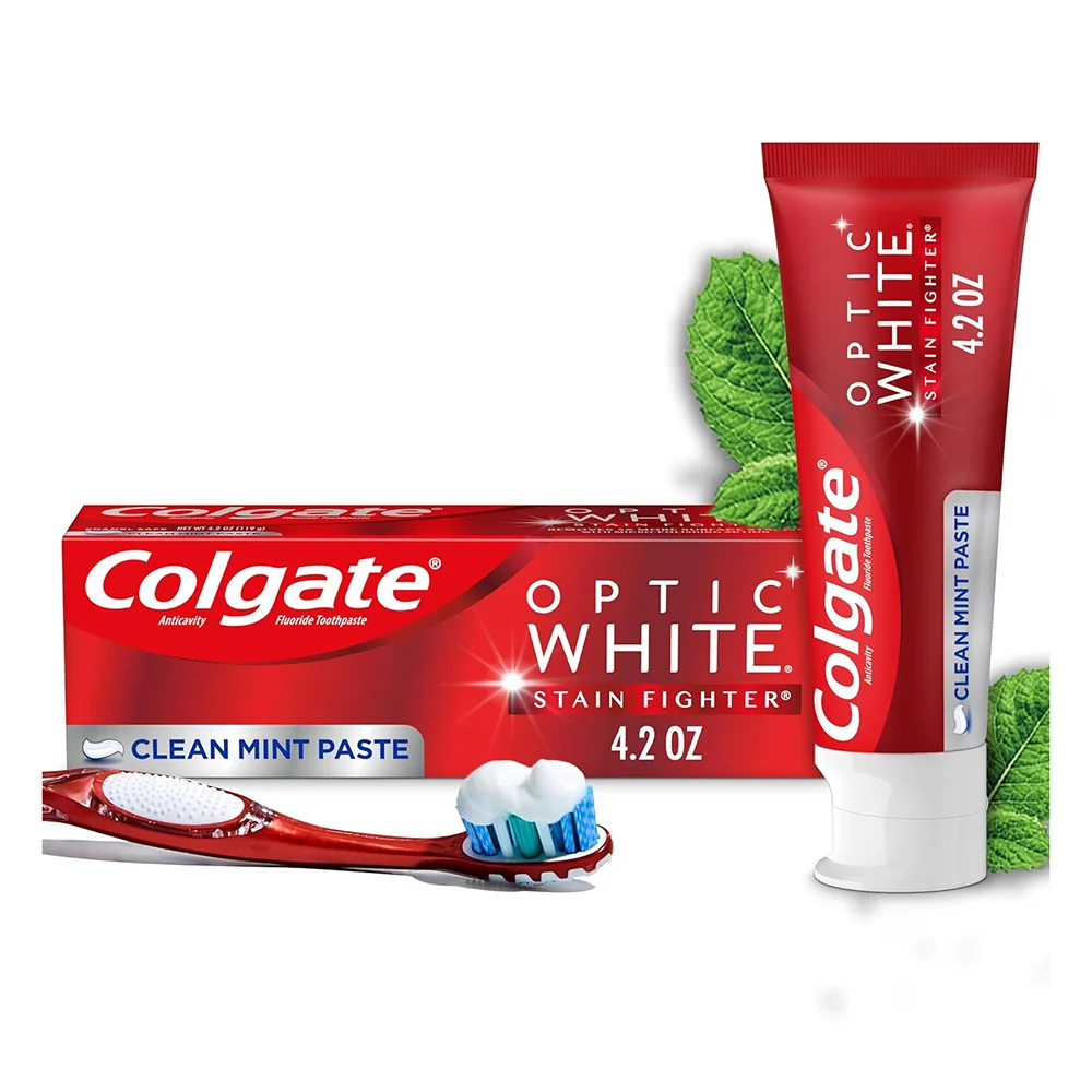 Certified Colgate Optic White Stain Fighter Whitening Toothpaste Clean Mint Flavor 119 Gms Fast