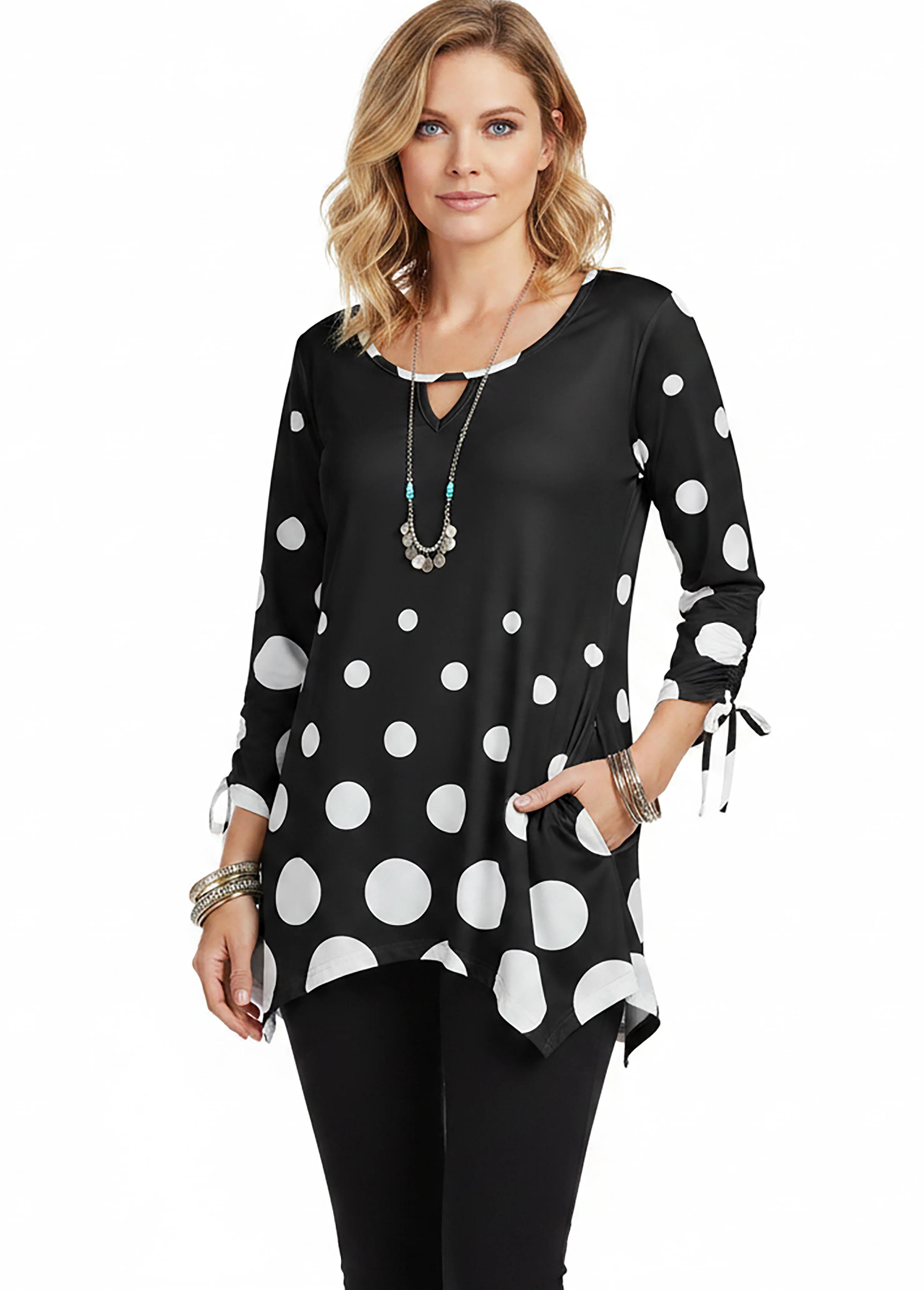 Superior Lily by Firmiana Women's Fishtail Hemline Tunic with 3 4 Length Sleeves and Drawstring Sleeve Detail Women's Apparel Optimized