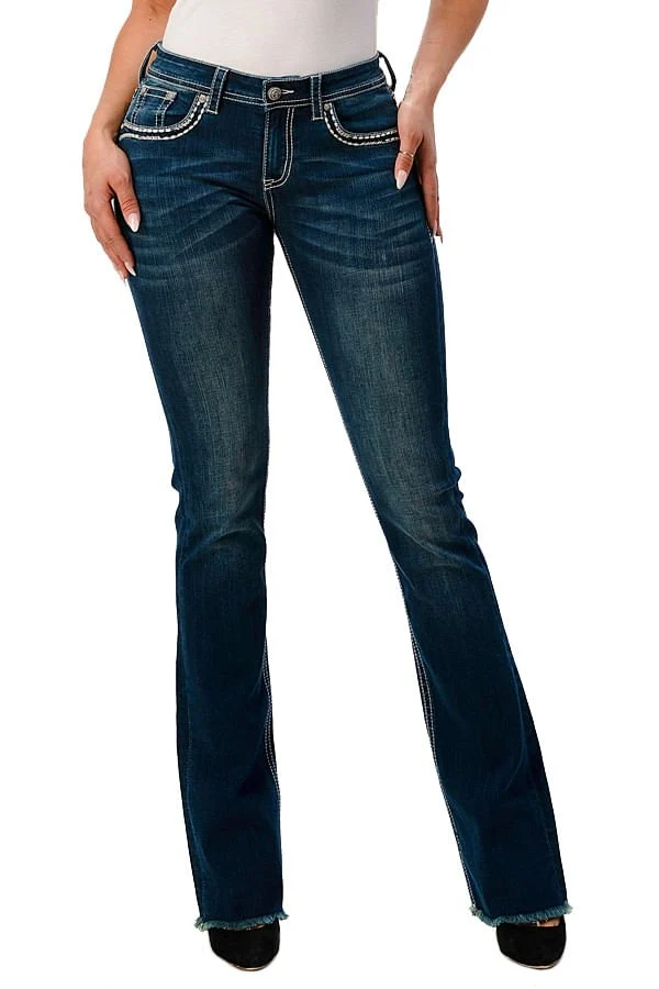 Traditional Grace in LA Women's Western Floral Steer Head Embellished Mid Rise Bootcut Jeans Original