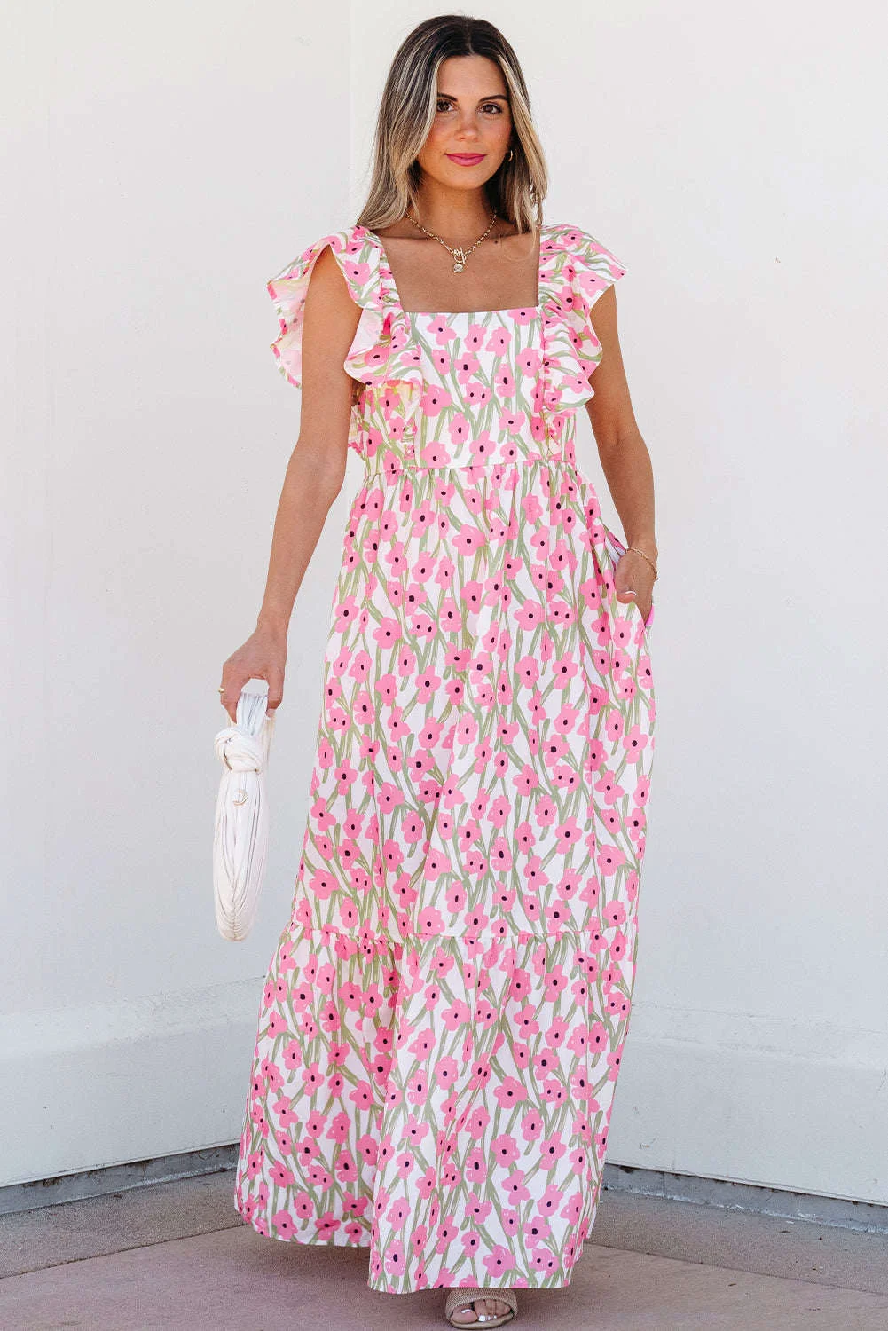 Contemporary Threaded Pear Angelica Floral Ruffled Strap Maxi Dress Flexible