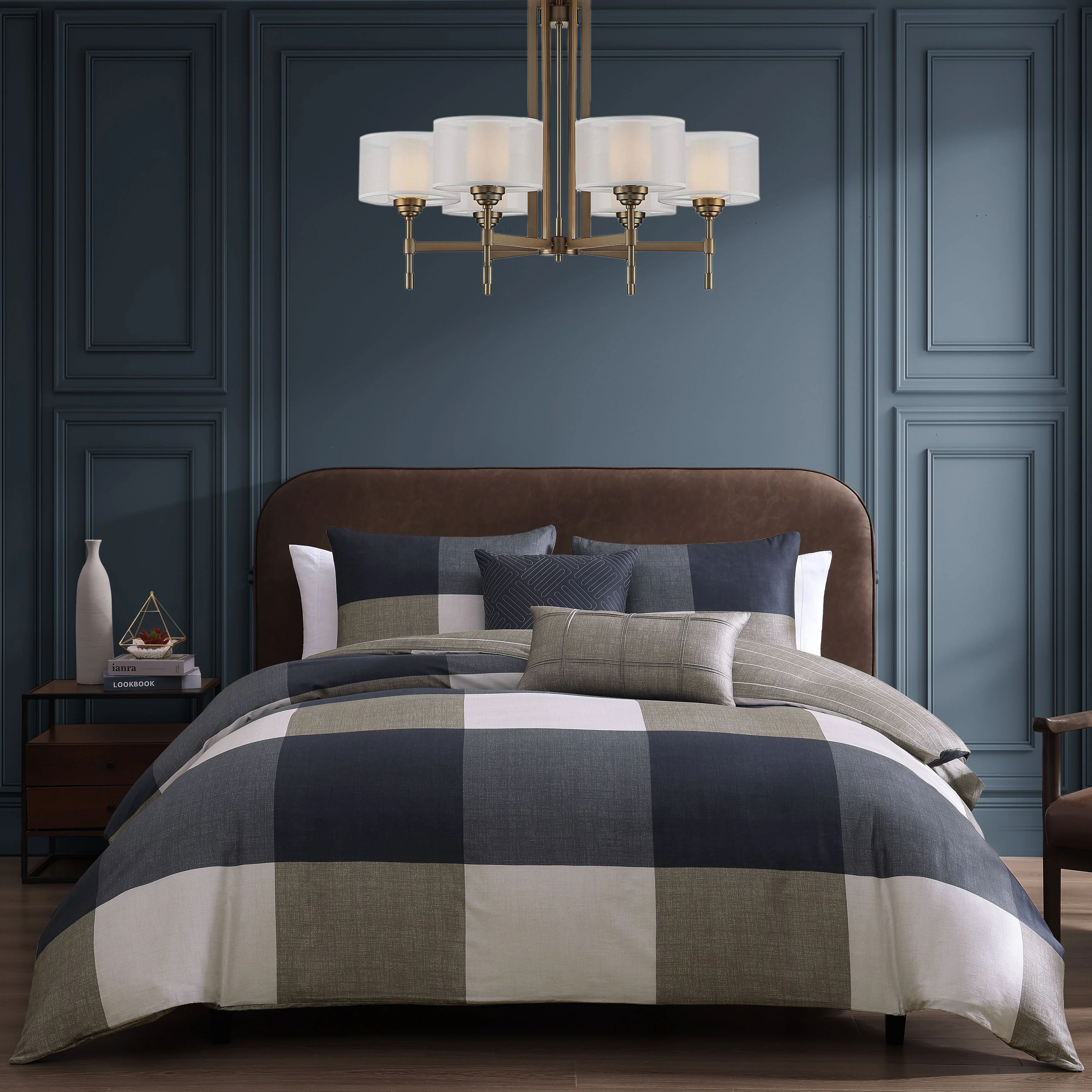 Certified Bebejan Checkered Navy Tan 5 Piece Reversible Comforter Set Versatile