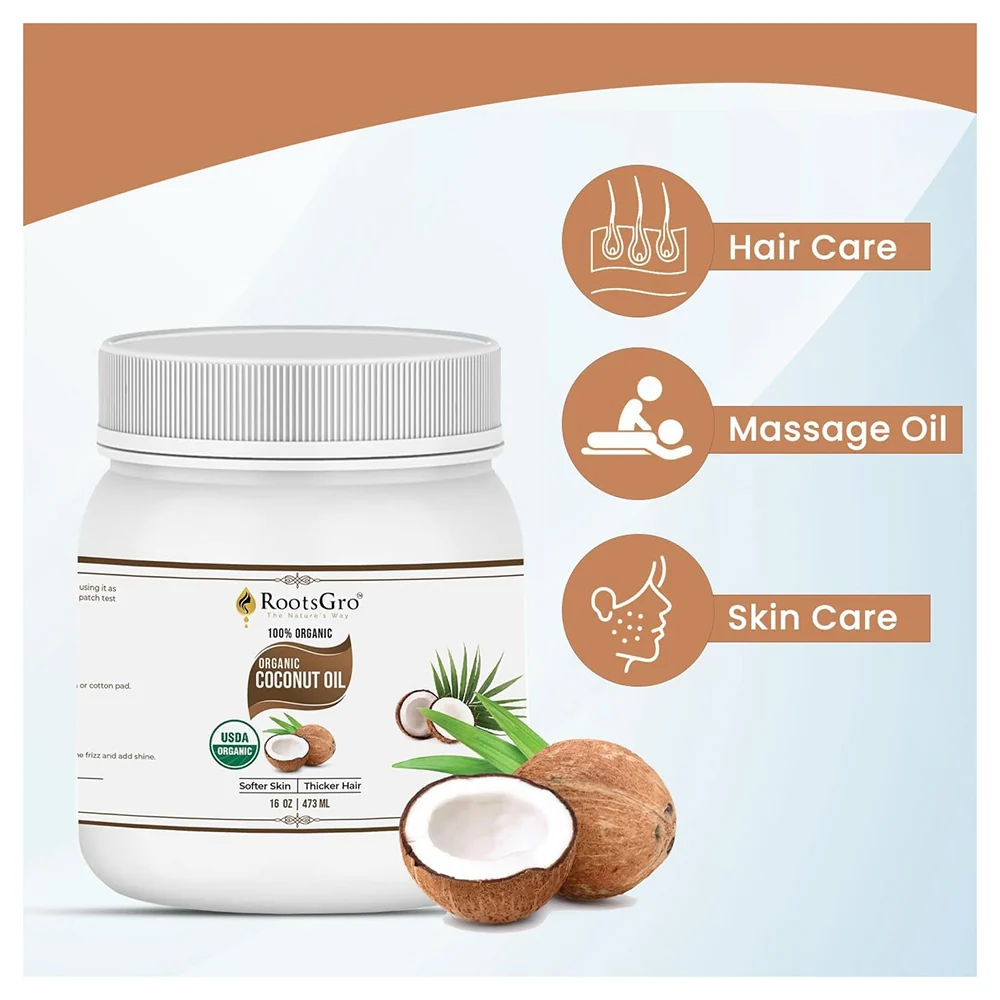 Efficient Rootsgro Coconut Oil Jar for Hair Care and Skin Care 16Oz 473ml Natural