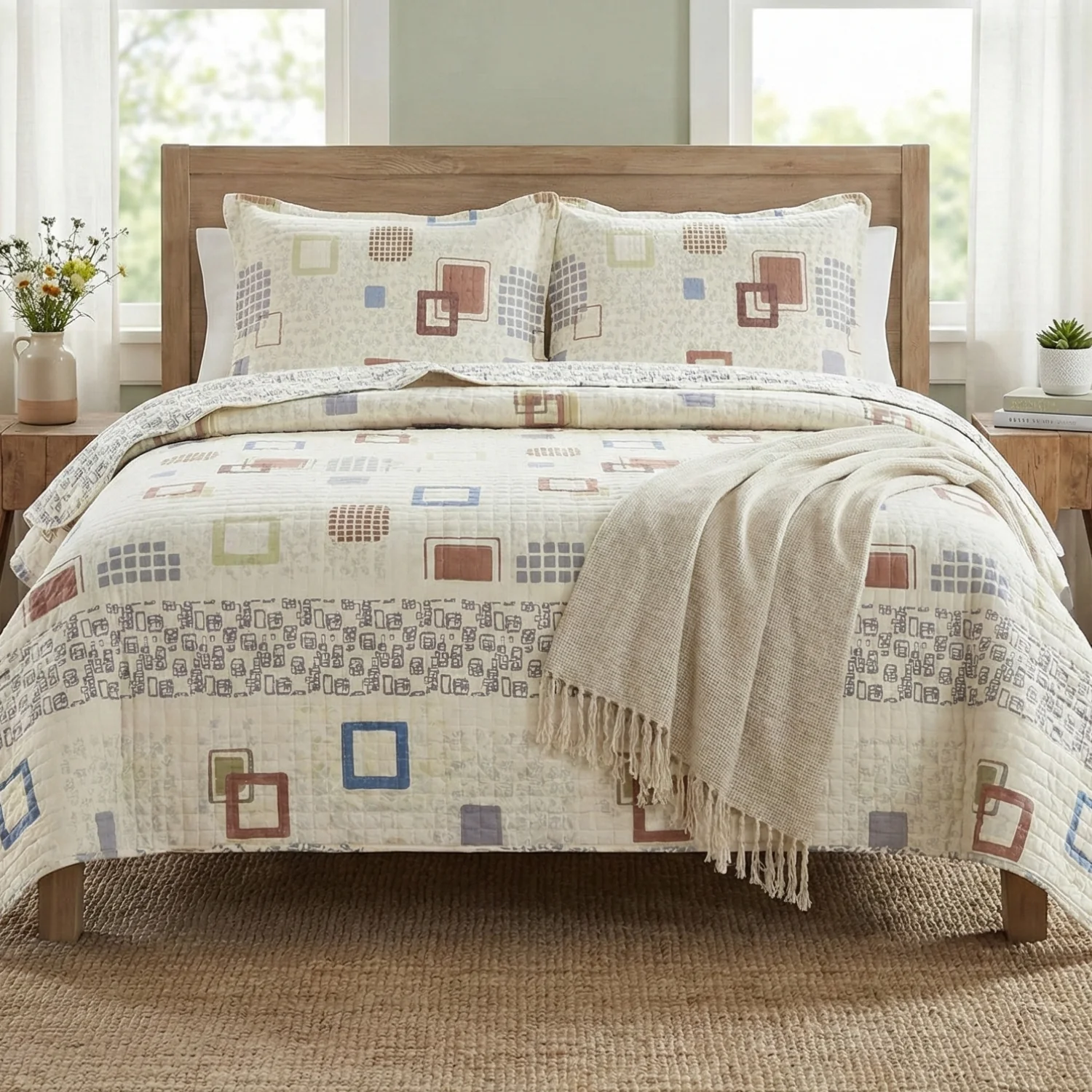 Contemporary Tache Geometric Cubic Squares Ivory Scalloped Retro Cotton Quilt Bedspread Set DSW009 Convenient