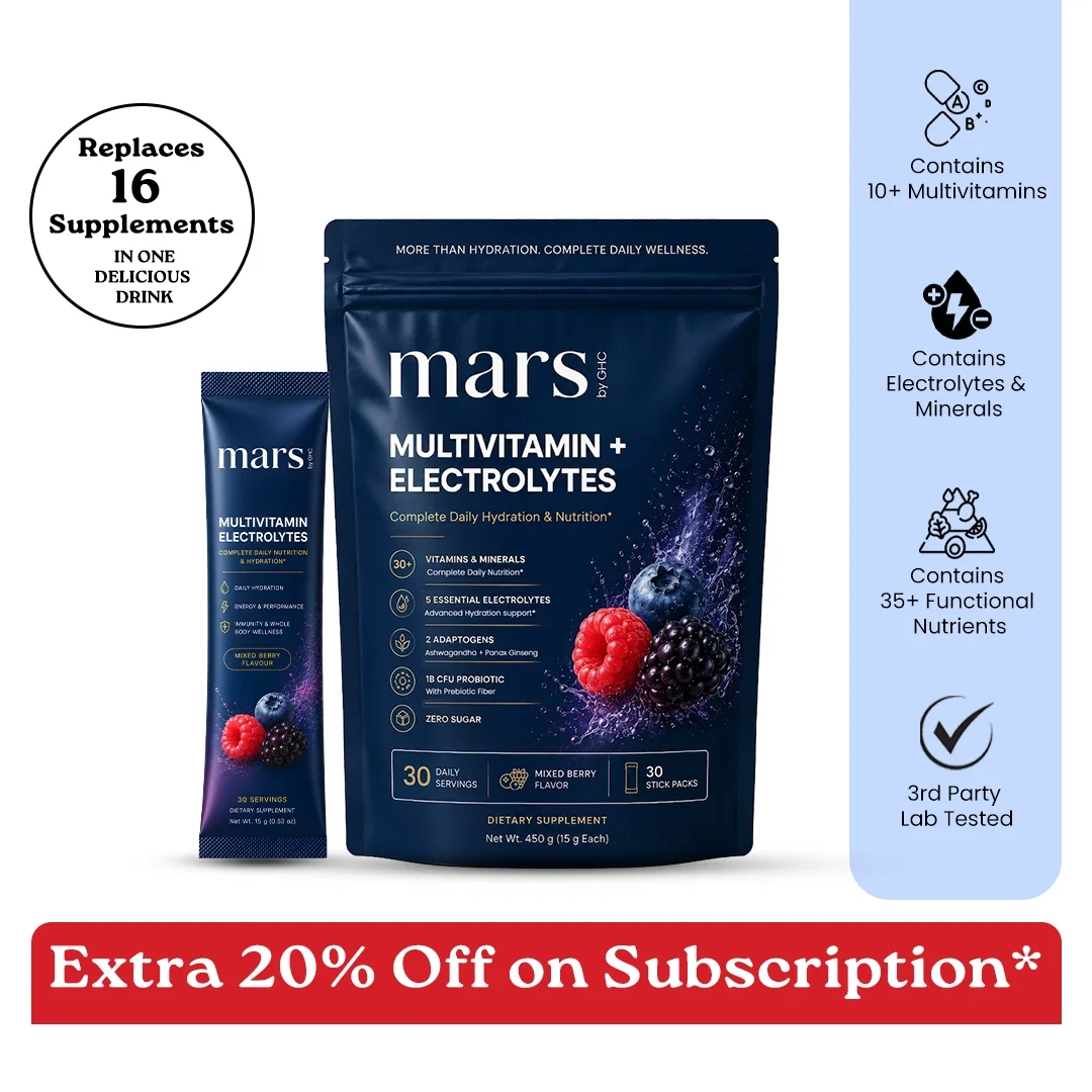 Fast Mars Multivitamin Electrolytes Powder with Vitamins Minerals Adaptogens Probiotics Electrolytes Mixed Berry Flavour - Daily Hydration Energy Recovery Whole Body Wellness 30 Servings Safe