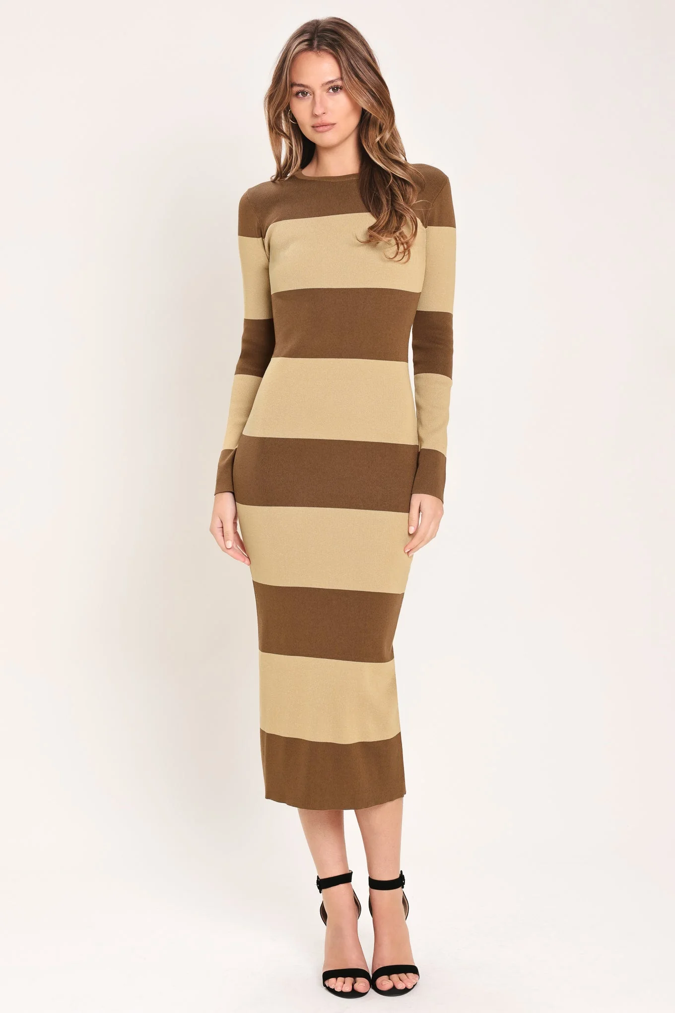 Stylish Espresso Cream Sweater Knit Midi Dress User-Friendly