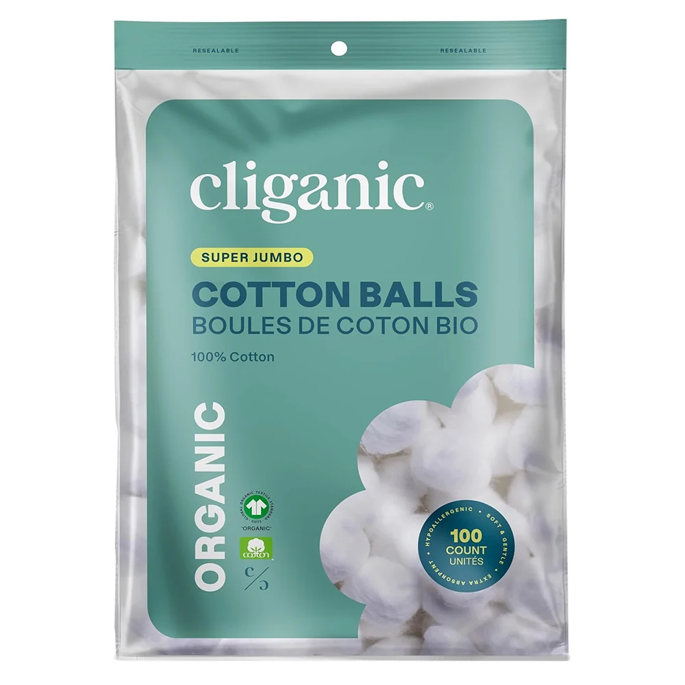Trendy Cliganic Organic Super Jumbo Cotton Balls Hypoallergenic Absorbent Large Size Ultra Soft 100Ea Prestigious