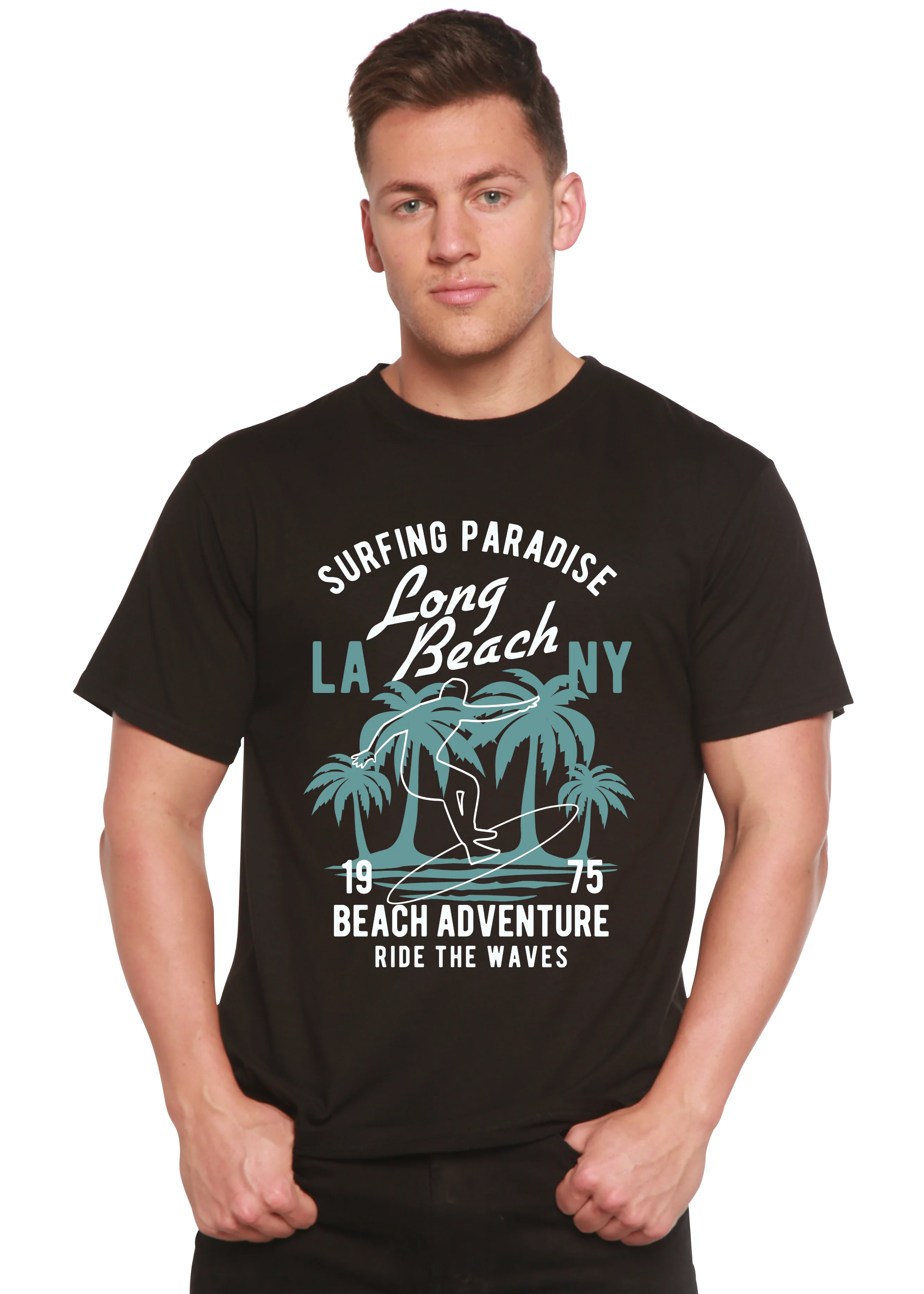 Premium Material Beach Adventure Men's Bamboo Viscose Organic Cotton Short Sleeve Graphic T-Shirt Casual