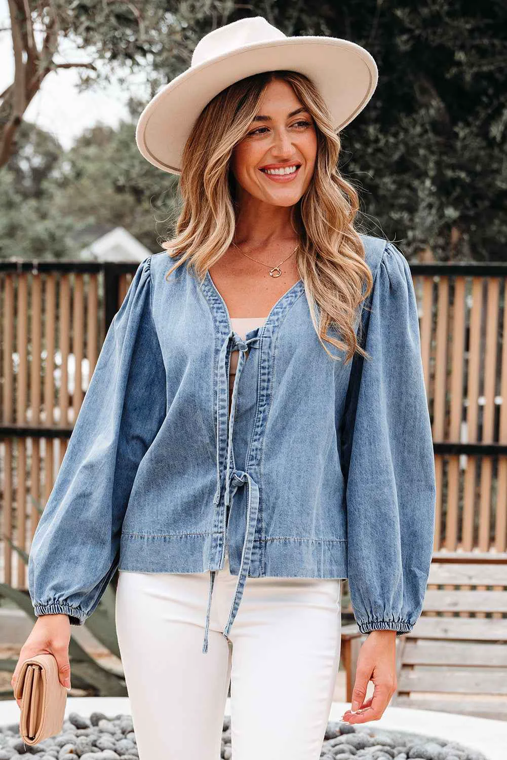 World-Class Threaded Pear Oakley Tied Front Long Puff Sleeve Denim Top High-End