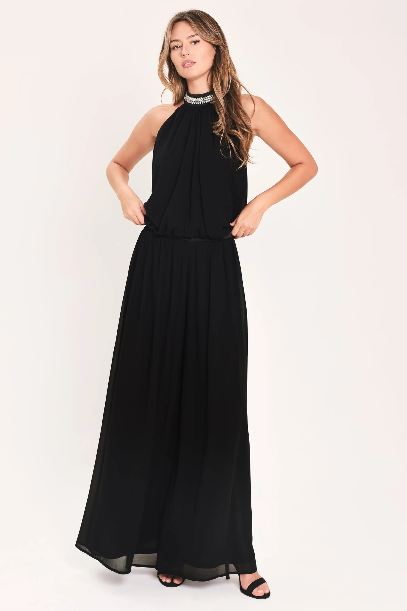 Easy-to-Use Jewel Hour Black Embellished Halter Wide-leg Pants Set Consistent